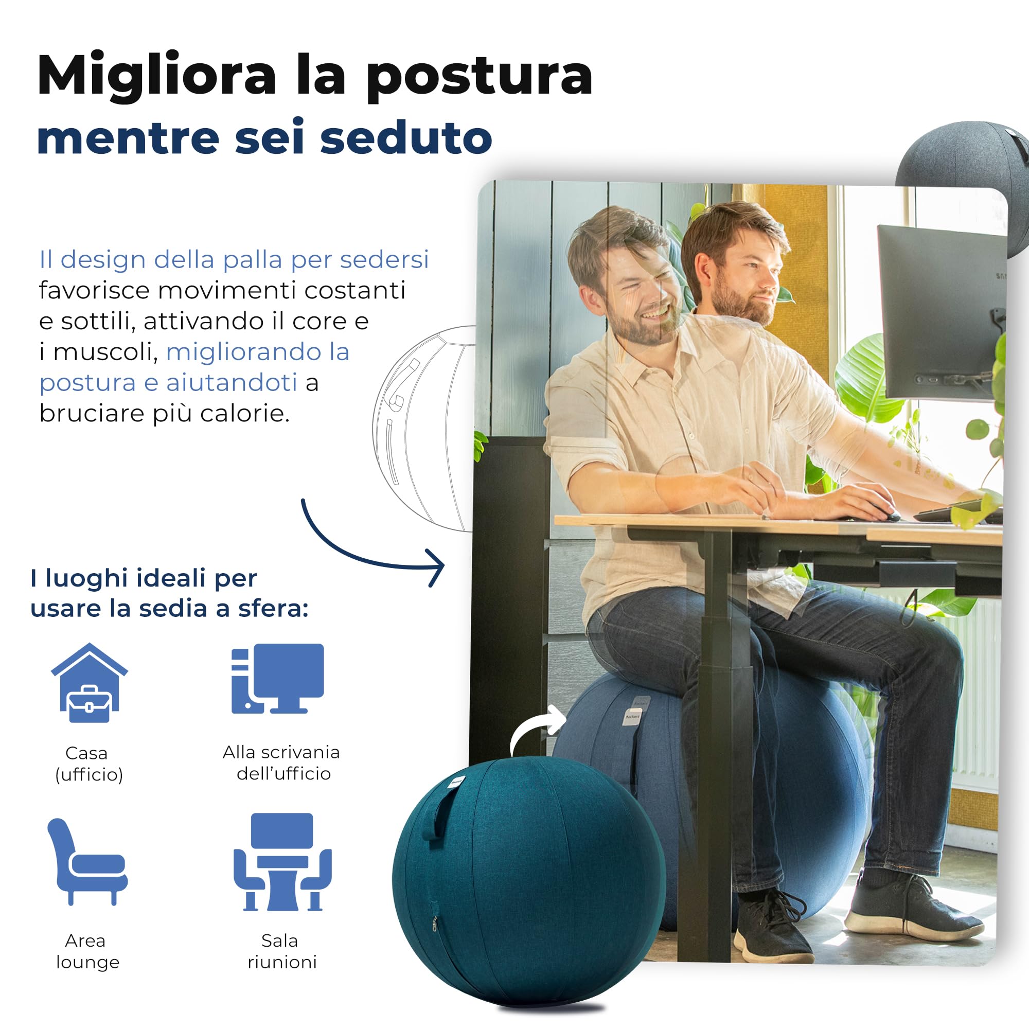 Backerz Palla da seduta per ufficio e casa, 65 cm, per yoga, con rivestimento, ergonomica, in lino
