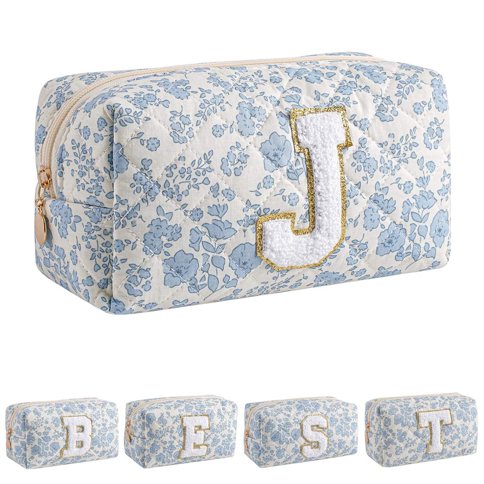 JOVAKIT Alphabet Makeup Bag Cosmetic Bag for Women, Christmas Gifts for Girls Age 6-18, Floral Flowers Coquette Travel Toiletry Zipper Make Up Pouch