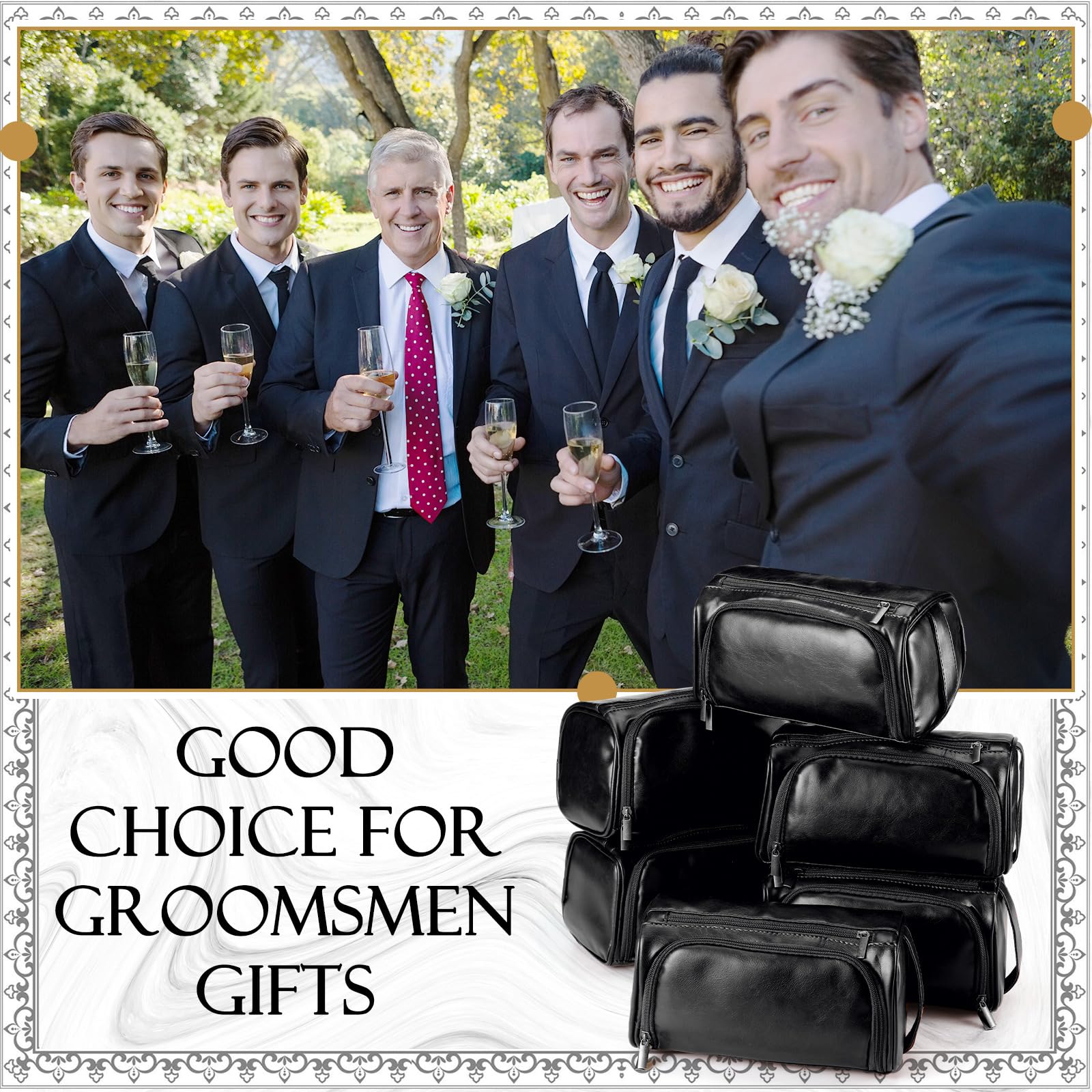 Aliceset 6 borse da toilette in pelle da uomo con gancio, regalo per testimoni dello sposo, borsa da viaggio in pelle regalo per lui, marito, padre, con manico laterale, nero