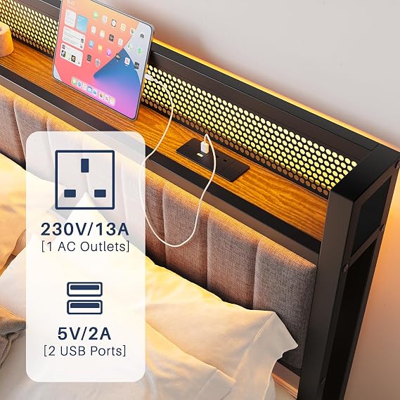 4ft6 Double Bed Frame with Storage Headboard, USB & LED Lights,Gray