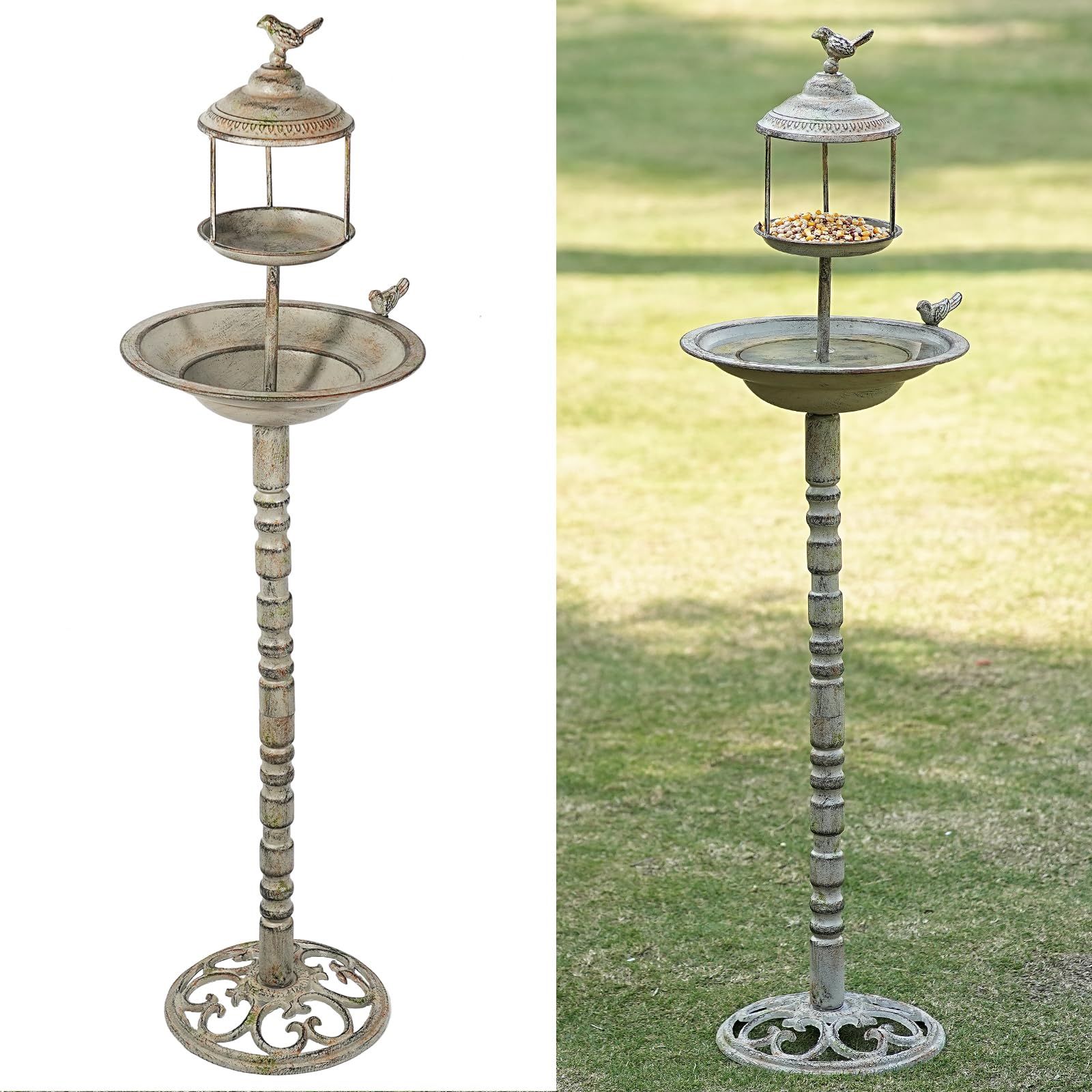 44.5" H Cast Iron Bird Bath, Pedestal Bird Baths for Outdoors, Metal Bird Bath Bowl and Bird Feeder Seed Tray 2-in-1 for Garden Yard Decor