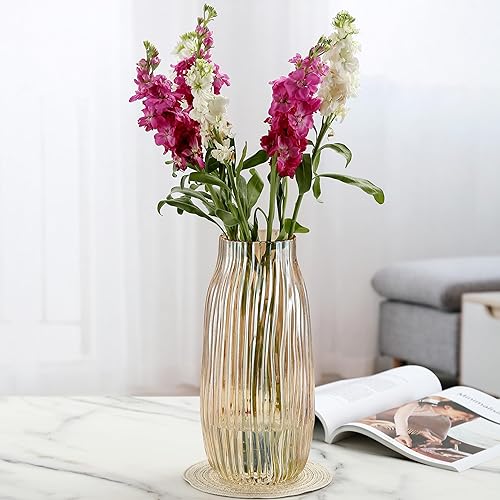 Miniatura 2 de Jarrón grande de vidrio ámbar para decoración del hogar, florero de piso alto dorado acanalado de 12.0 pulgadas para centros de mesa, decoración de