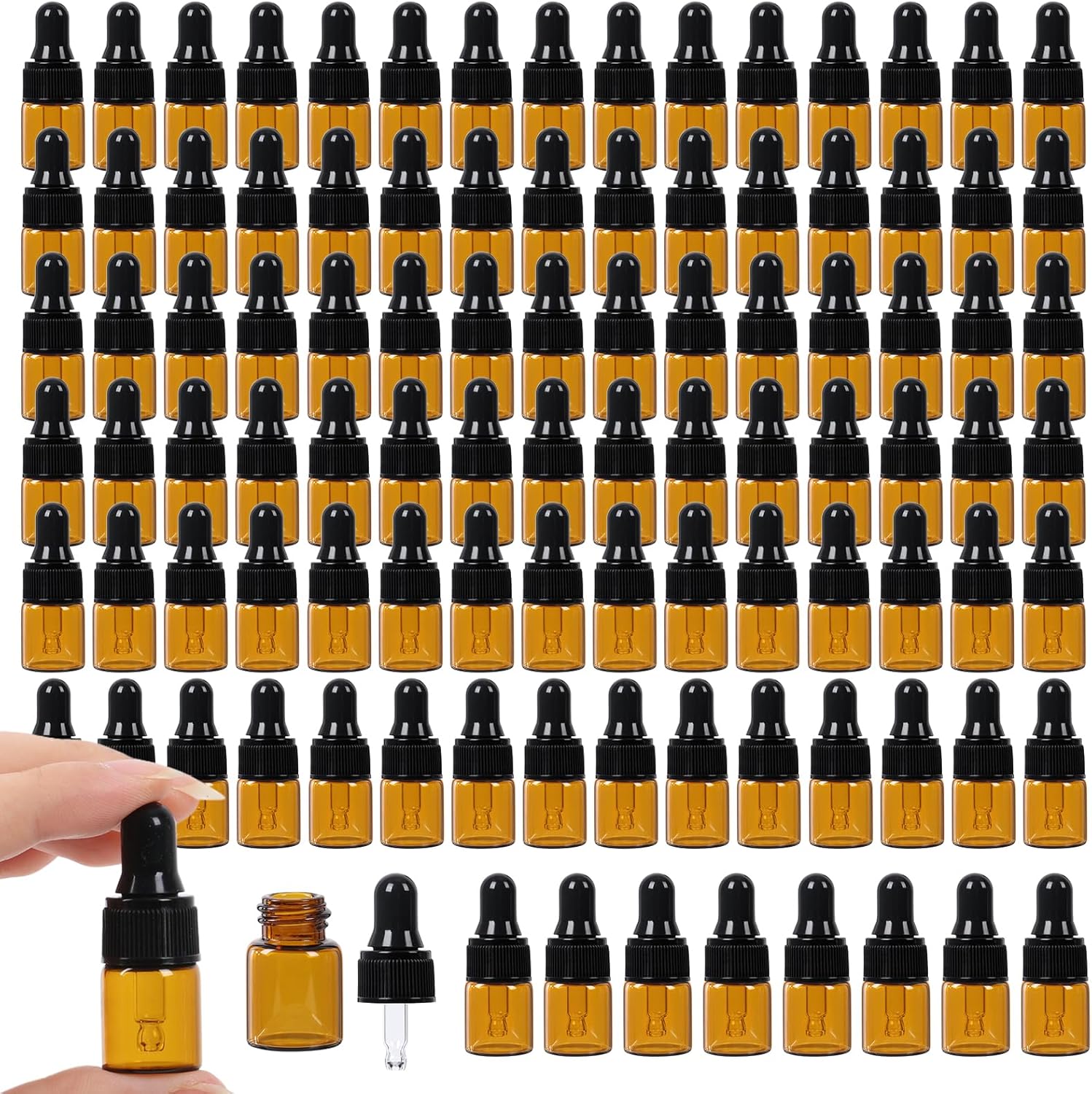STARSIDE 100 pcs 2 ml Glass Essential Oil Dropper Bottles,5/8 Dram Ambe Mini Perfume Dropping Bottle Cosmetic Sample Vials,Small Essential Oil Bottle