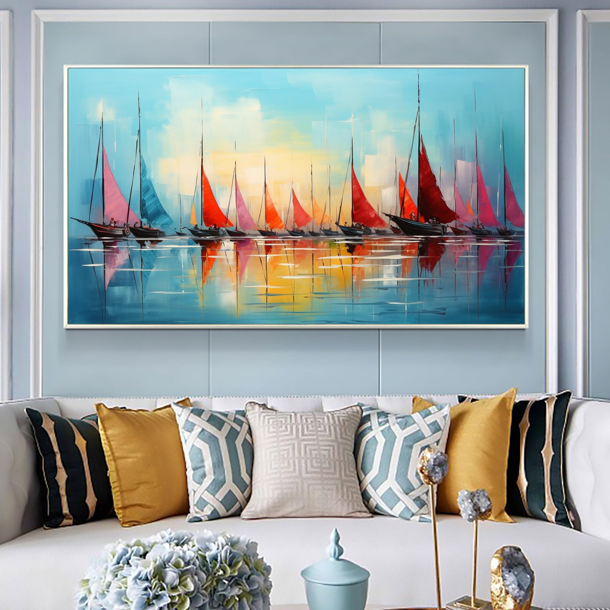 Grand format abstrait de voiliers multicolores sur toile marine sans cadre 40x80 cm - 8