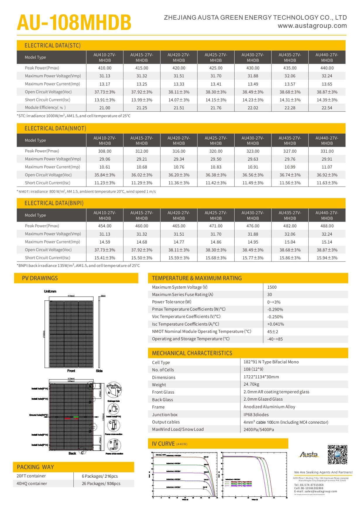 AUSTA Bifacciale Pannello Solare 440W Monocristallino Pannello Fotovoltaico, Per Impianto Fotovoltaico Completo, Impianto Solare da Balcone, Per Tetto Inclinato, Balcone, Tetto Piano