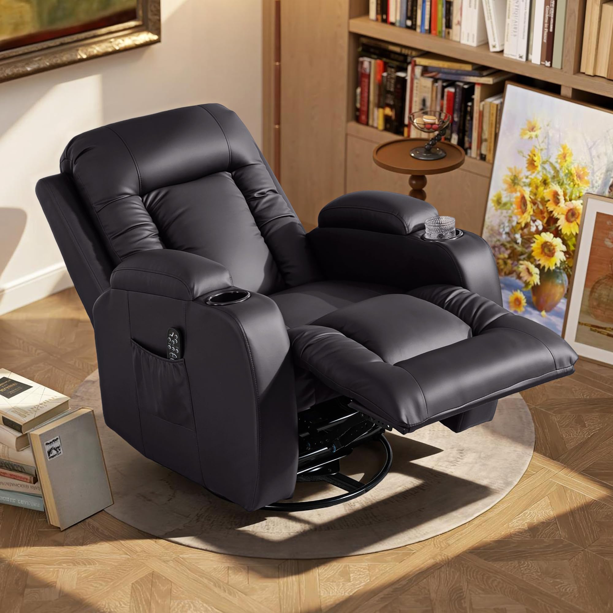 HOMCOM Sillón reclinable Ajustable con calefacción, Marrón Oscuro | Sillón de masaje, TV giratorio con mecedora, portavasos, bolsillo, temporizador, cuero sintético, para salón