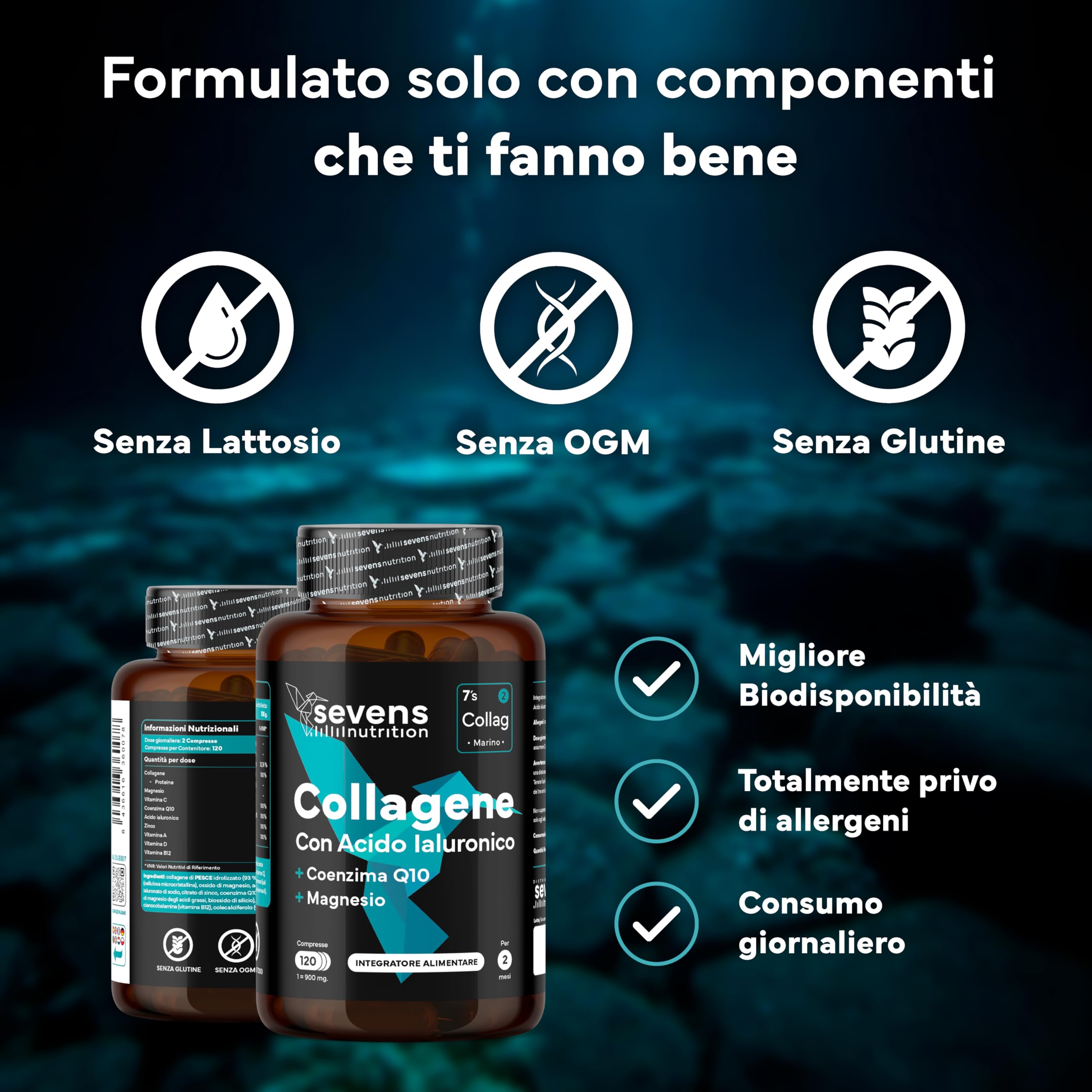 Collagene marino con Acido Ialuronico Idrolizzato Puro - Integratore con Magnesio, Q10 e Vitamine A, C, D3, B12, Zinco - 120 Capsule – Pelle, Ossa e Articolazioni – Sevens