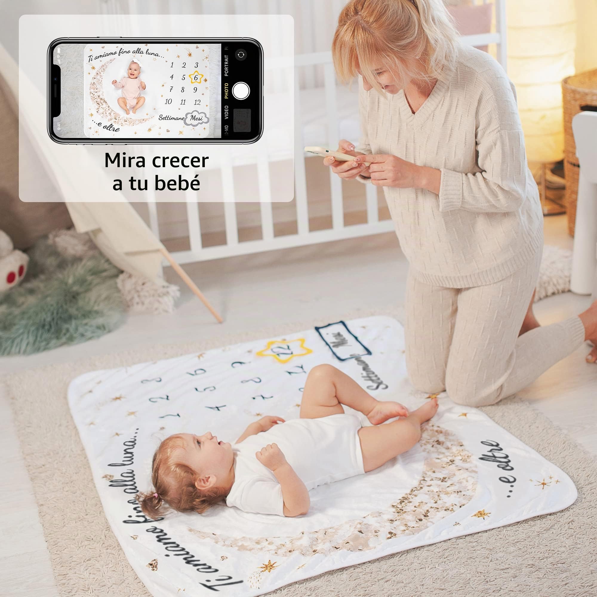 ODOXIA Manta Meses Bebé En Italiano | Manta Bebe Personalizada, Unisex | Star IT | Regalo Personalizado De Nacimiento para Nuevas Mamás | Manta Mensual Bebe | Incluye Marcos De Colores