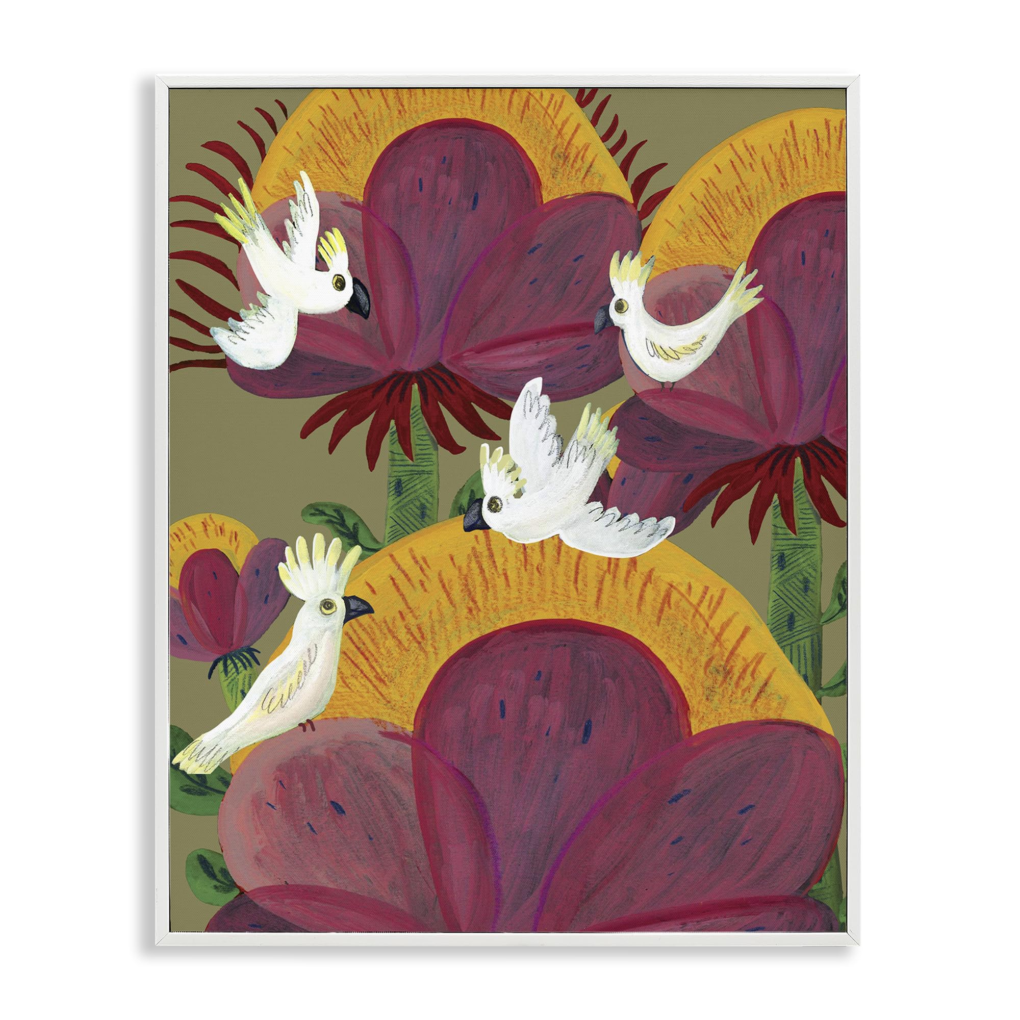 Stupell Industries 'Tropical Cockatoos & Plants', Framed Giclee Art, White, 11 x 14 Inches, Easy to Hang and Sturdy, Made in USA, by Kay Widdowson