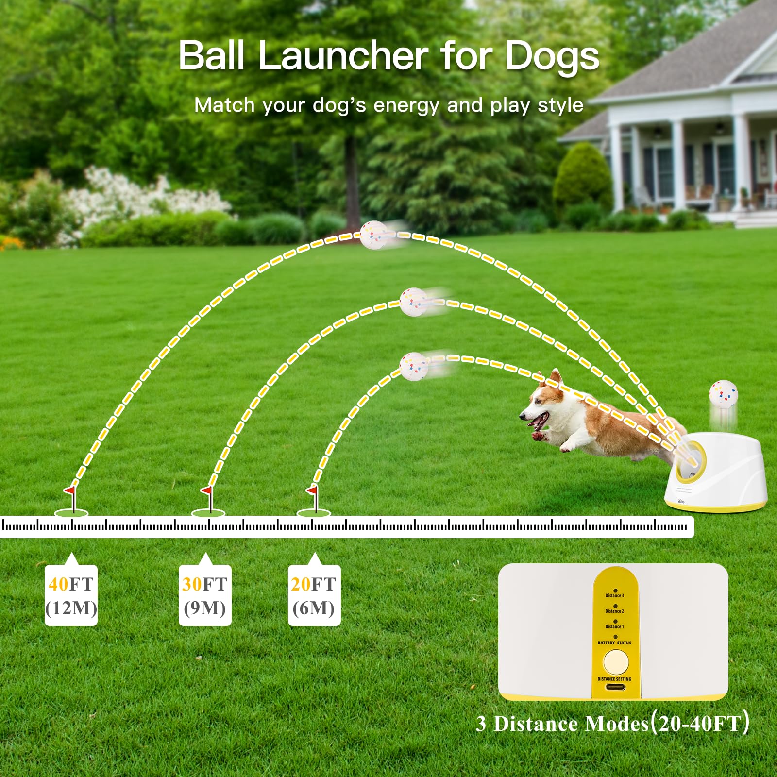 HETOO Lanzador automático de pelotas para perros: lanzador de pelotas para perros, lanzador automático de pelotas de tenis para perros, con 6 pelotas, juguetes interactivos para perros, lanzador de