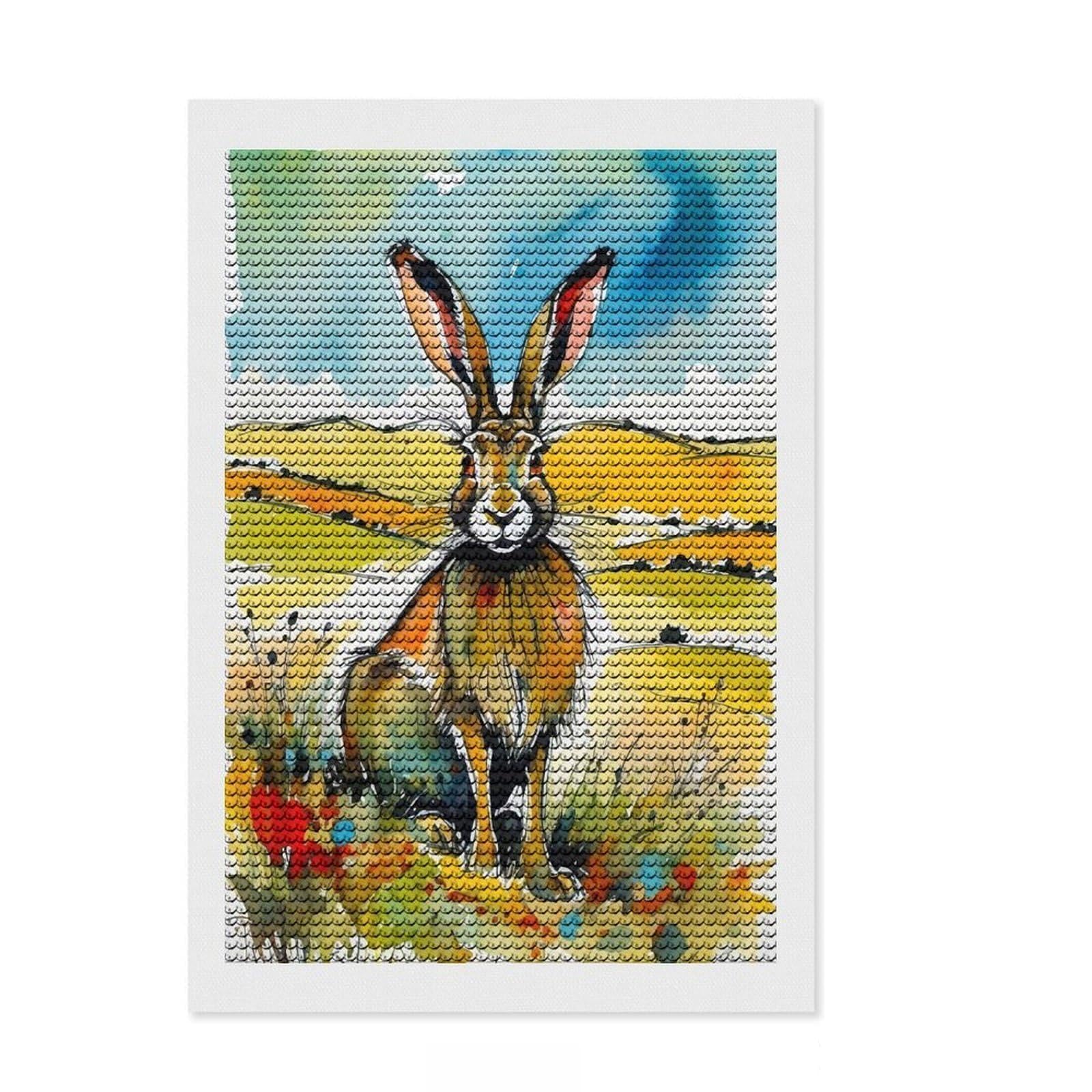 Junmoney Watercolor Hare in Field Diamond Art Kit 8"x12", for Adults, Decorate Your Room, Christmas Gift, Farmhouse Decor, Finish and Display