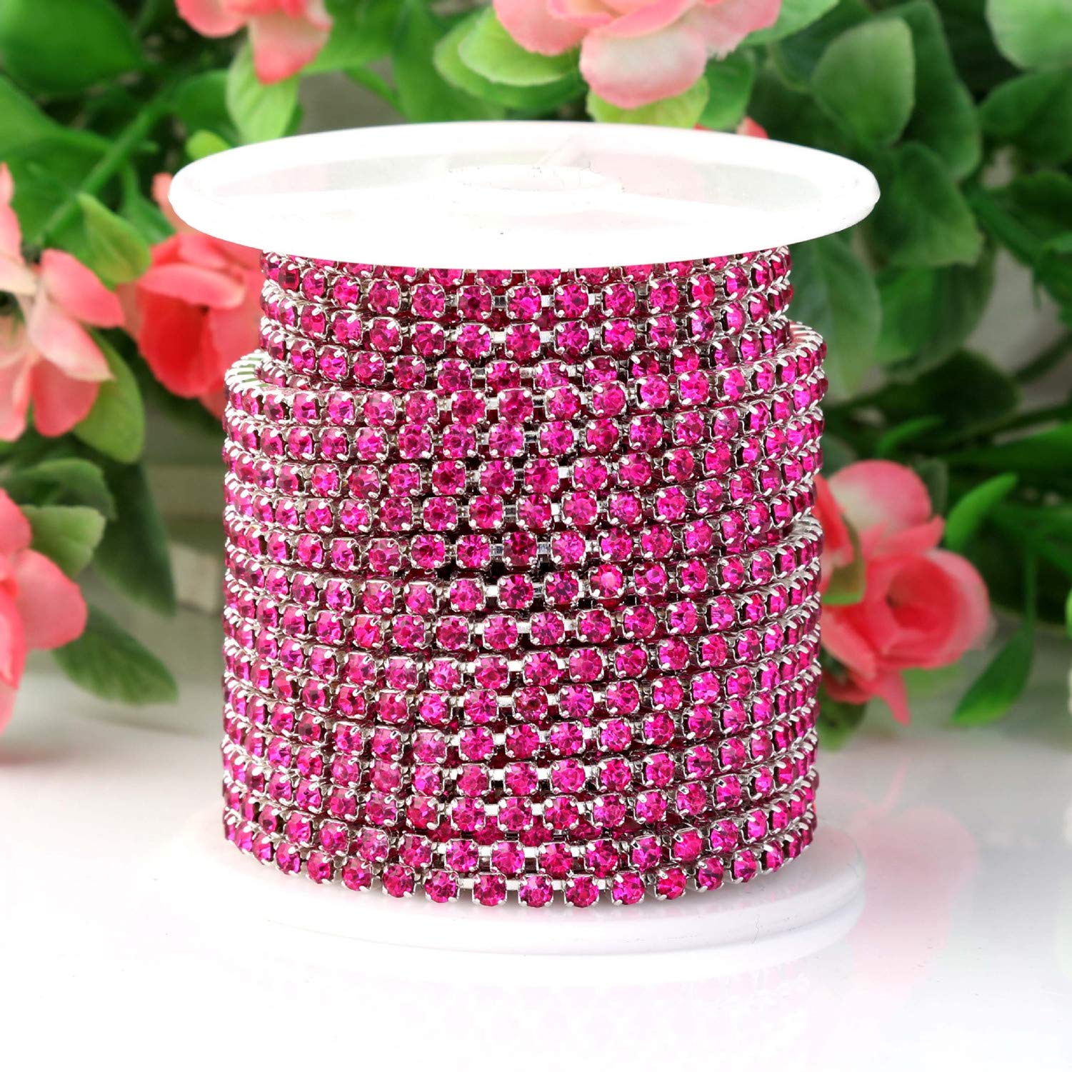 10M 2MM Shining Fashion Crystal Rhinestone Chain Sew on Silver Base Dense Claw Glass Rhinestone Trim Accessories for DIY Wedding Dresses Garment Hat Arts Crafts Event Decorations (pueple red)