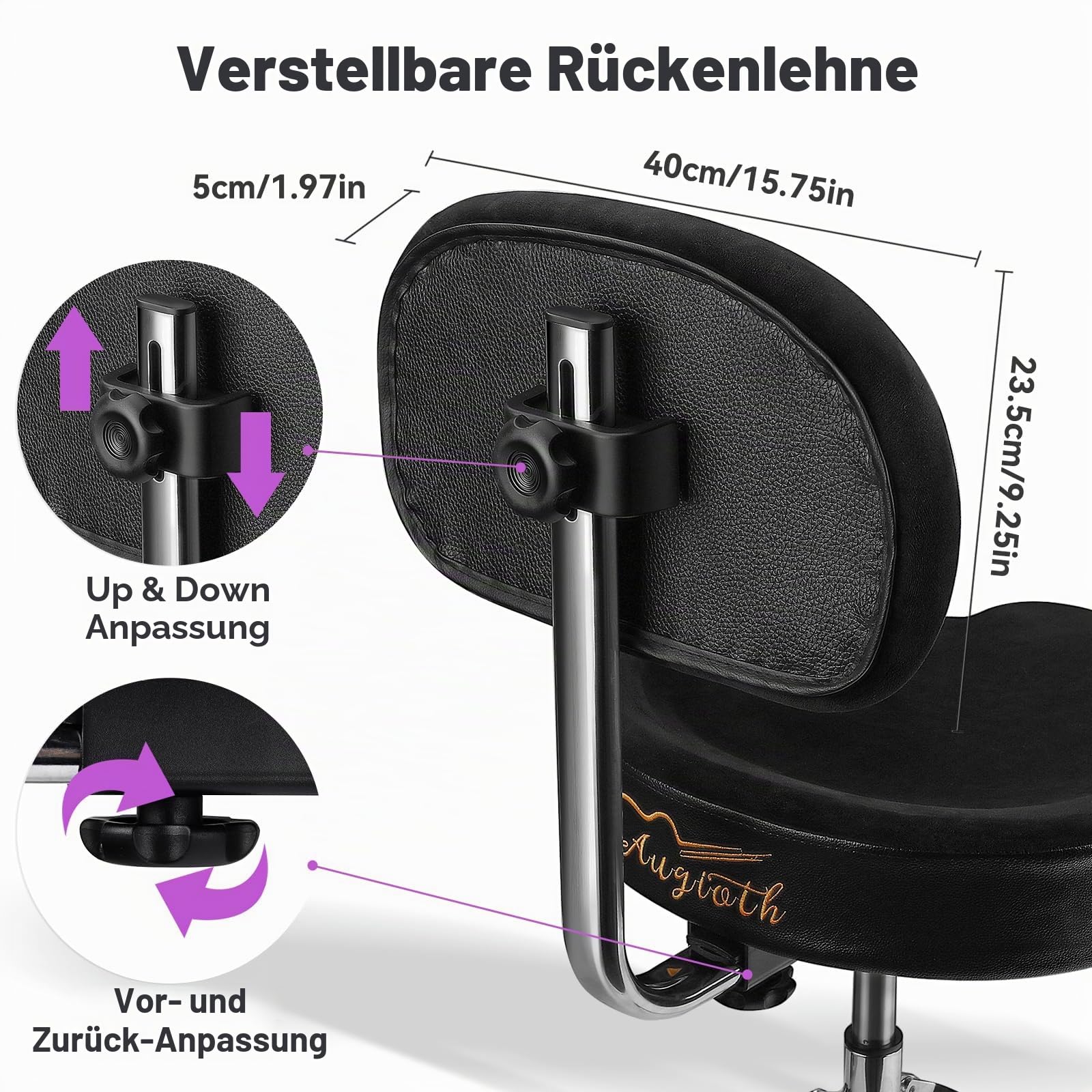 Drum-Hocker mit Rückenlehne Gepolsterter hydraulischer Drum-Stuhl Höhenverstellbarer Drum-Hocker mit stabilem Bass Komfortabler Memory-Foam-Drum-Sitz für erwachsene Trommler Gitarristen Schwarz