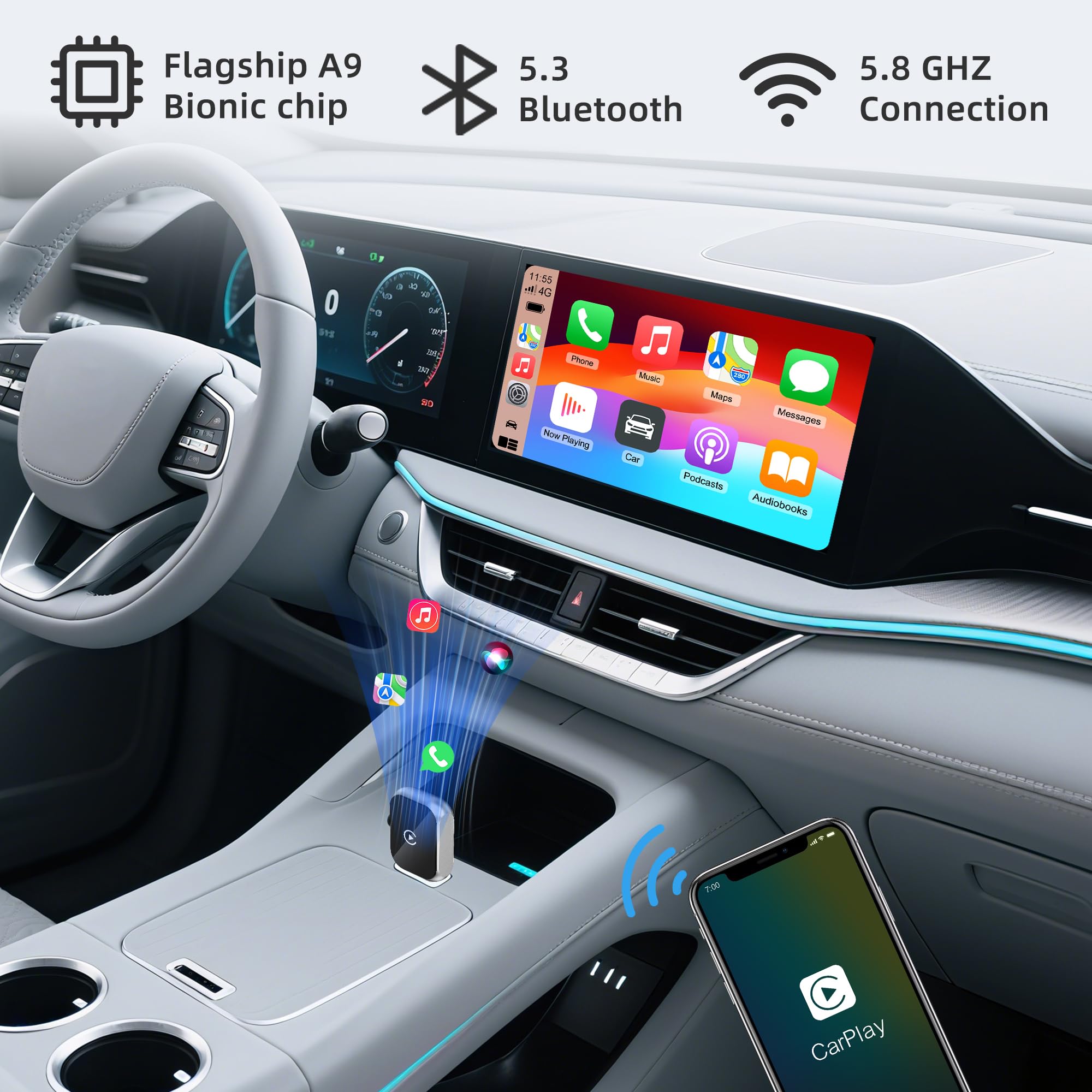 Wireless CarPlay Adapter 2026 – Apple CarPlay kabellos nachrüsten, A9 Chip 6X schneller, 3 Sek. Auto-Verbindung, Bluetooth 5.3 & 5GHz WiFi, Plug & Play Dongle für iPhone iOS 10+, für 1200+ Autos