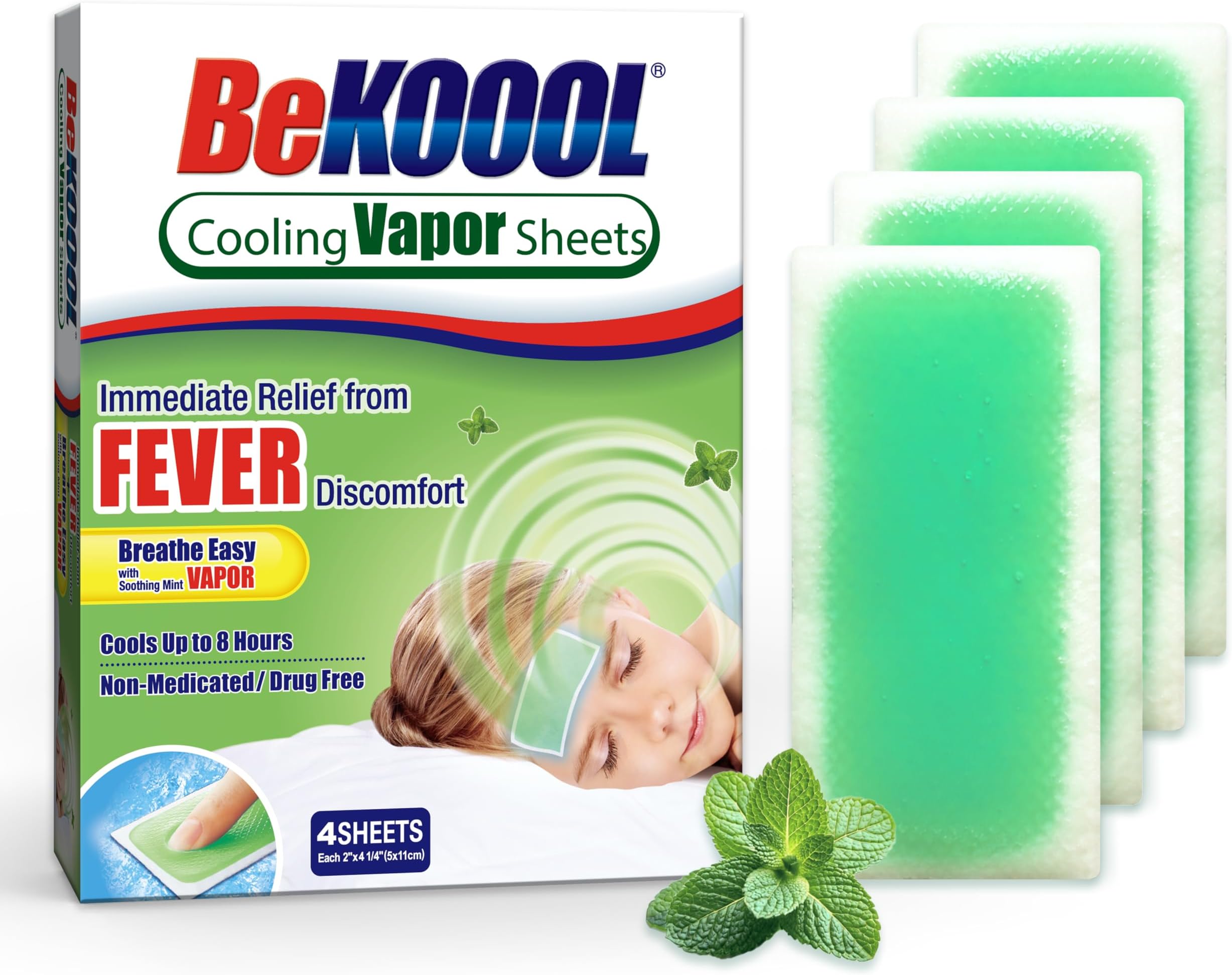 BeKoool Kids Fever Non-Medicated Cooling Mint Vapor Sheets | 4 Count