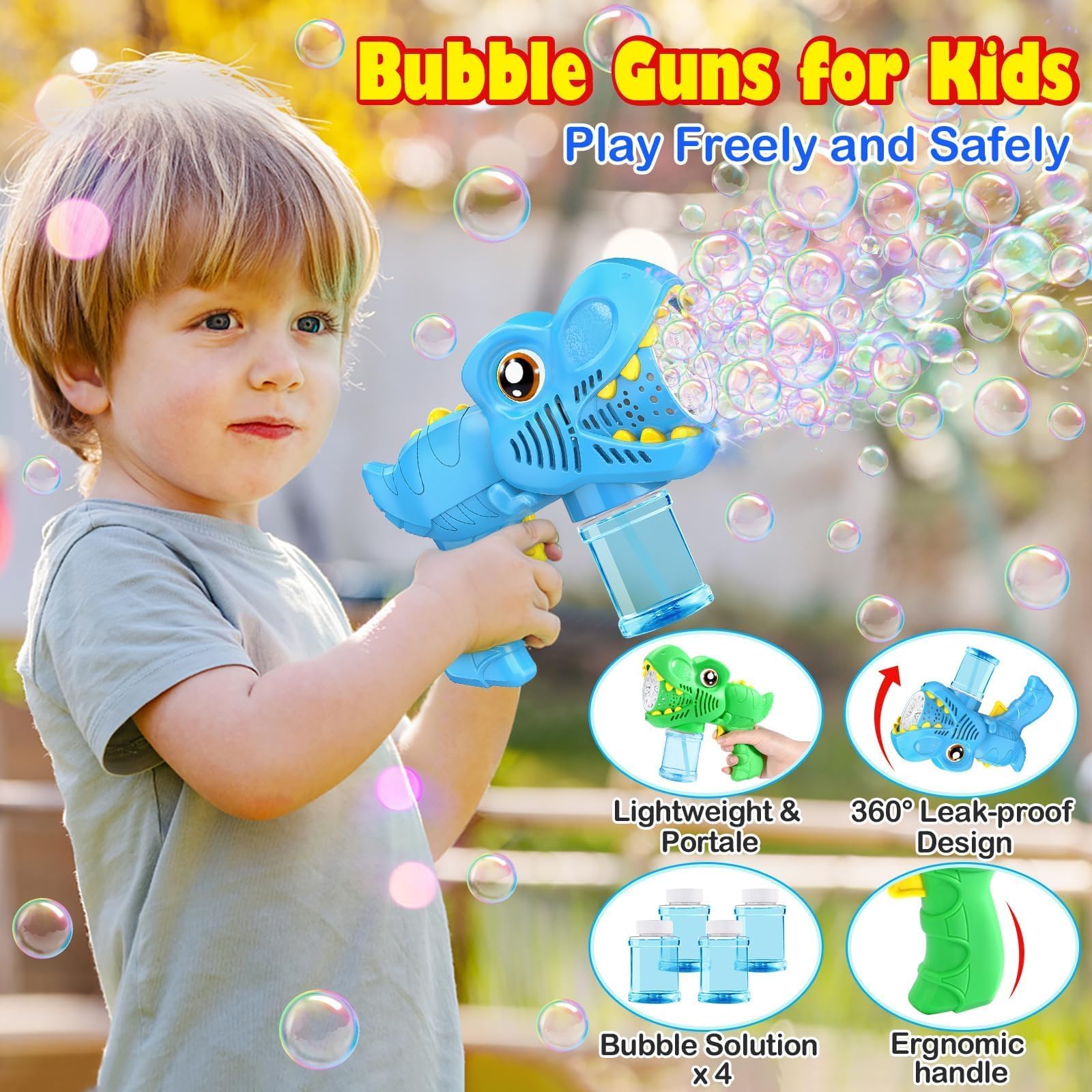 Machine à Bulles Dinosaure - Pistolet Automatique - 500 Bulles/Min - Ventilateur Été - Cadeau 3-10 Ans