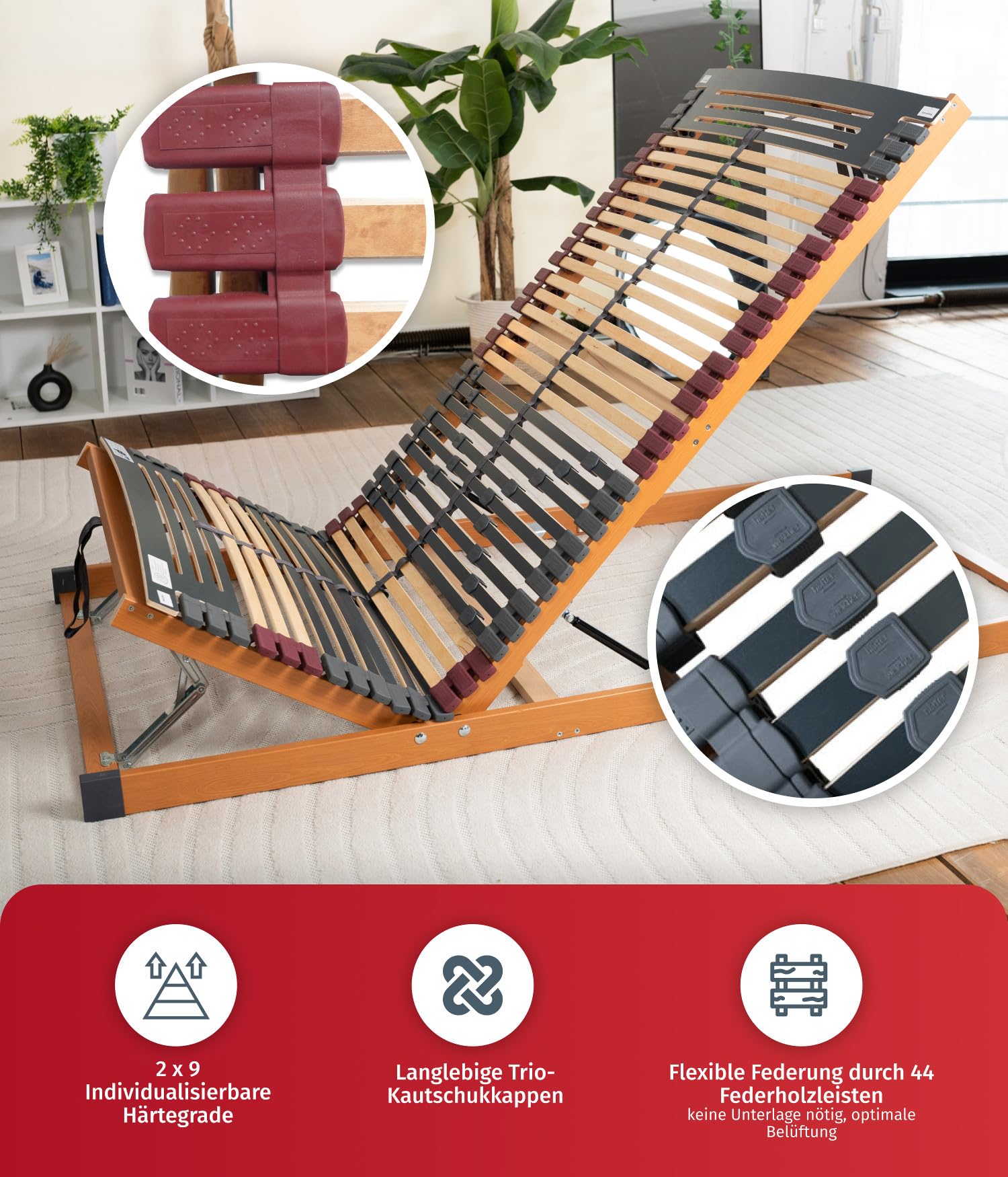 FMP Matratzenmanufaktur 7 Zonen Lattenrost Rhodos KF 90x200 cm, fertig montiert, 44 Leisten, BETTKASTENFUNKTION mit Gasdruckfedern, SPITZENQUALITÄT AUS Deutschland