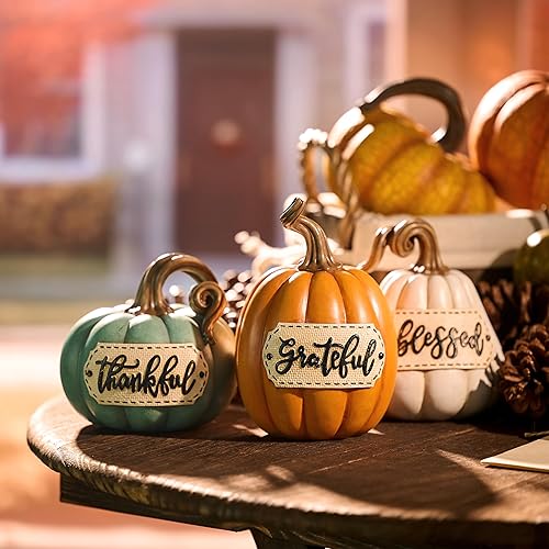 Miniatura 7 de Valery Madelyn Decoración de mesa de otoño de calabazas para el hogar, juego de 3 figuras decorativas de calabazas de resina, decoración de centros