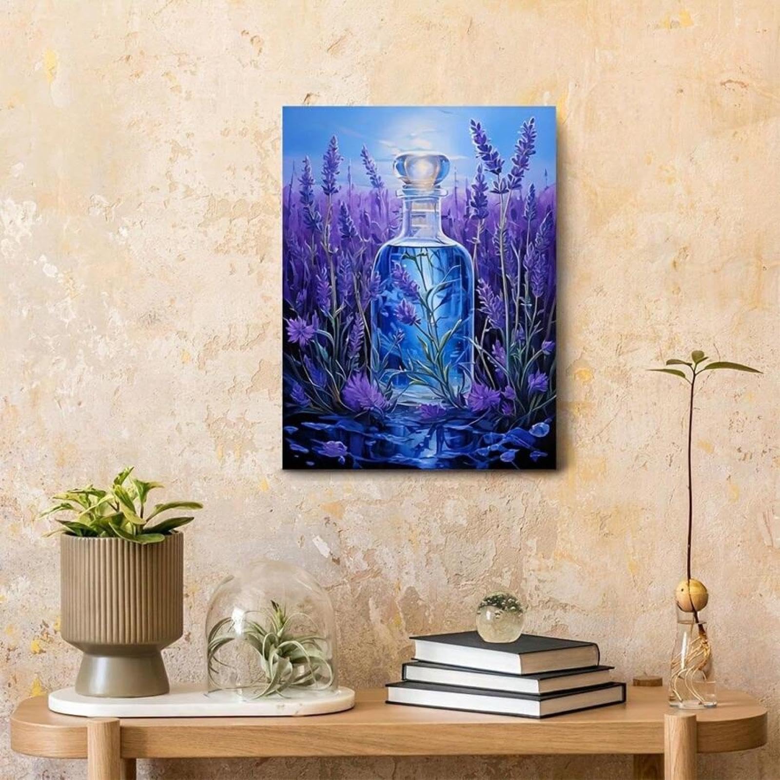 XINBAO Stampe su tela con bottiglia di campo di lavanda, decorazione artistica, paesaggio floreale country, dipinto per bagno, soggiorno, poster da parete, 70x90 cm, cornice interna