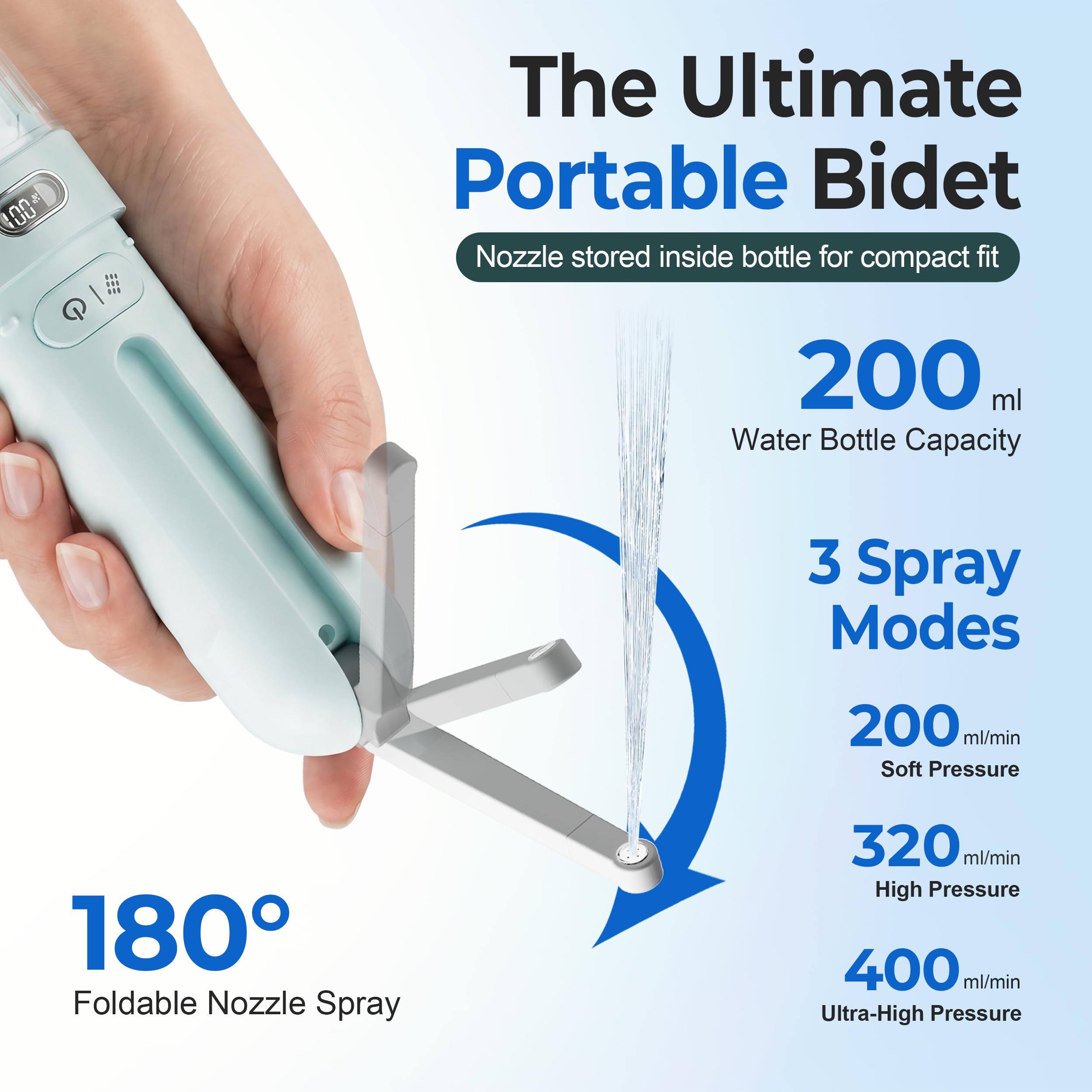 Bidet portatile da viaggio | Bagno - Bidet elettrico ricaricabile con 3 pressioni | Impermeabile per la massima igiene personale per la pulizia a casa, ufficio e campeggio (Aqua)