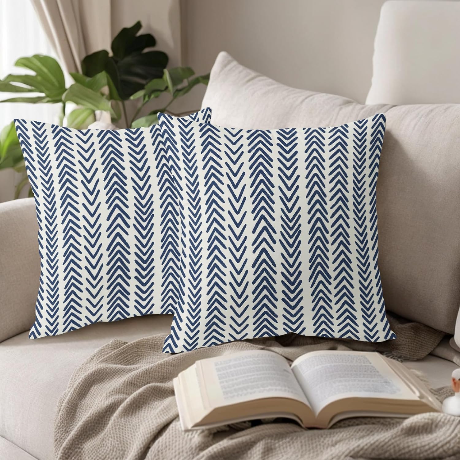 Indigo Blue Herringbone Pillow Covers 18x18 Inch Set of 2 Navy White Boho Bohemian Ethnic Geometric Throw Pillows Modern Cotton Linen Cream Cushion Case Farmhouse Home Decor For Sofa Couch Outdoor - Image 5