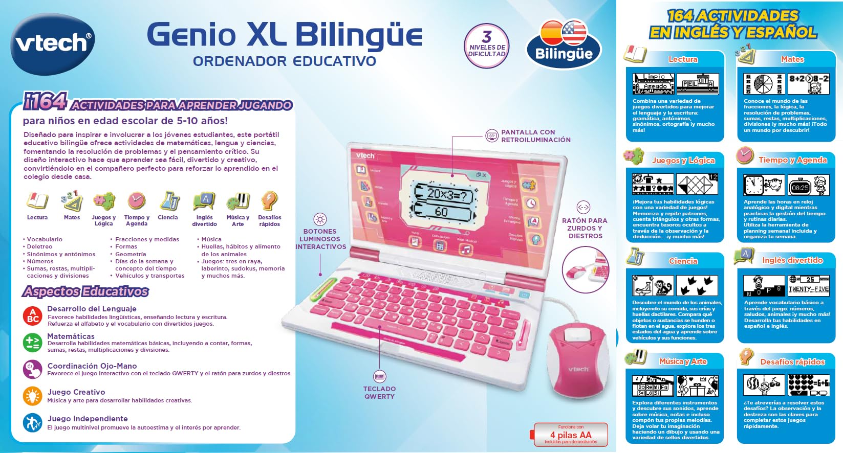 VTech Genio XL bilingue Espagnol-Anglais, Couleur Rose, Ordinateur interactif, Jouets électroniques à partir de 5 Ans, 164 activités éducatives, Clavier QWERTY, Souris, Jeux, Musique, Sciences