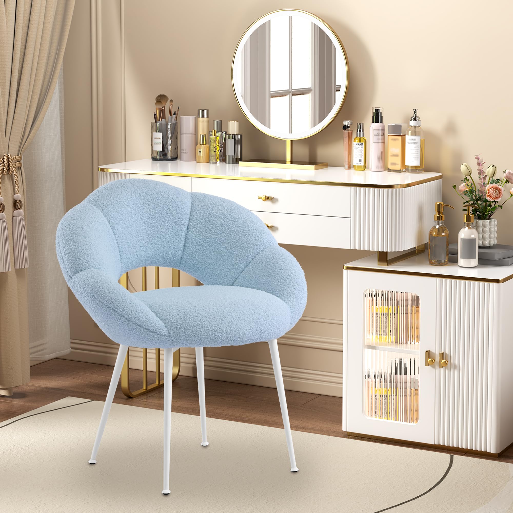 Sedia da toeletta in tessuto Teddy, poltrona relax a forma di fiore, gambe bianche, poltrona con imbottitura di lusso per soggiorno, camera da letto, balcone, studio (azzurro)