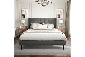 Upholstered Queen Size Platform Bed Frame with Headboard and Wingback
