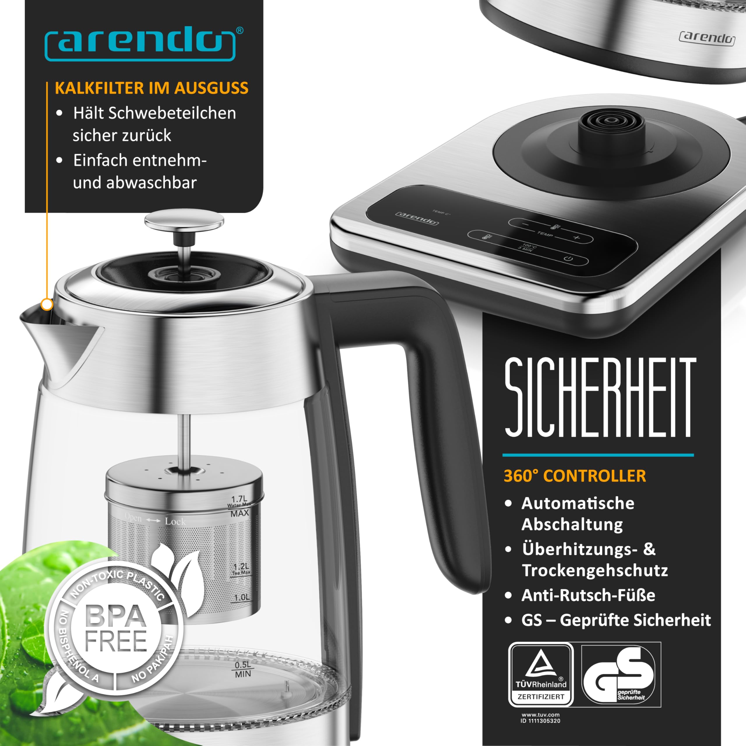 Arendo - Glas Wasserkocher mit Temperatureinstellung 1,8 Liter - Edelstahl Teekocher 0,8 Liter mit Sieb - 2200 W – Überhitzungsschutz – Temperaturauswahl 40° - 100°C - Warmhaltefunktion