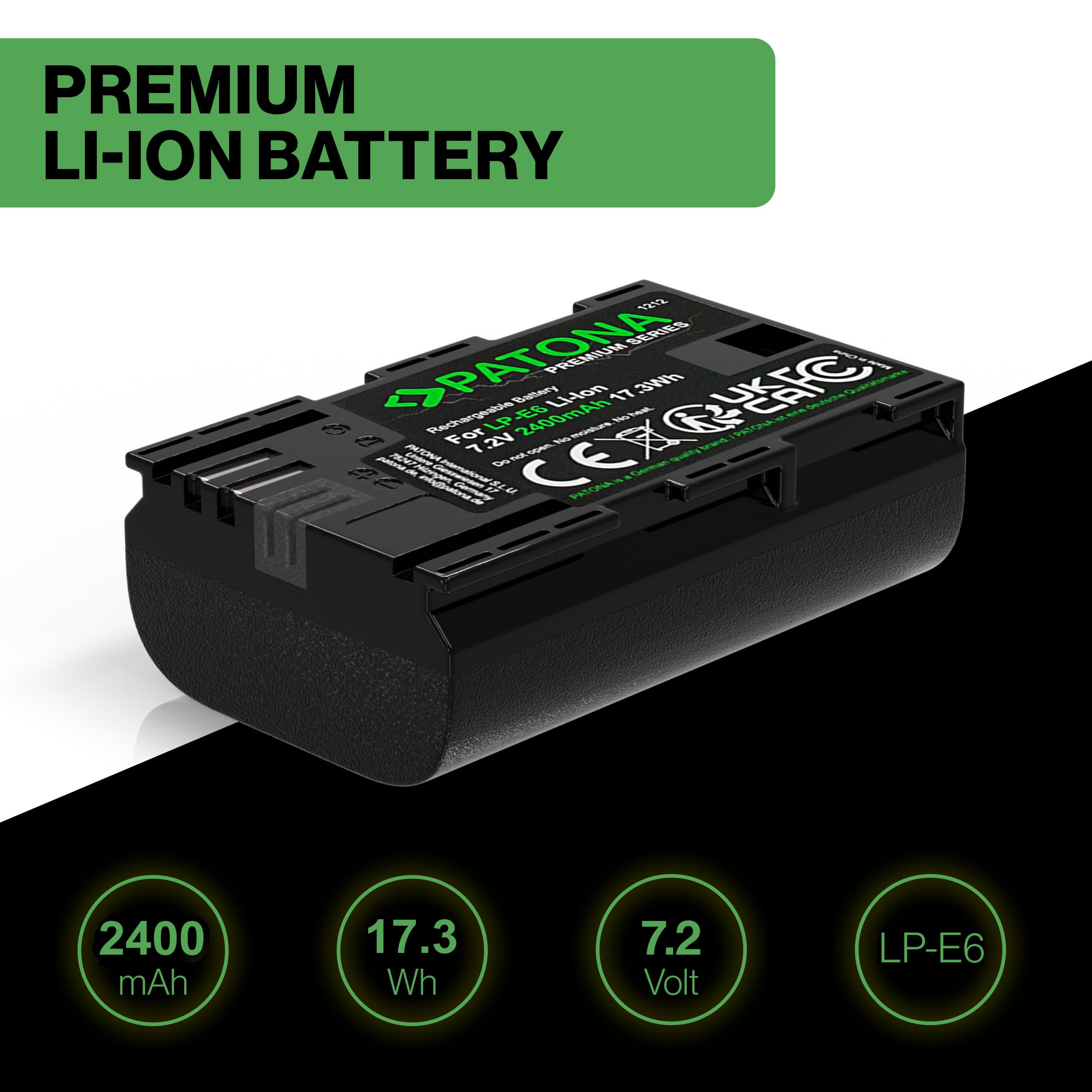 PATONA 2X Premium Akumulator do Canon LP-E6 LPE6 2400mAh | Akumulator zamienny do EOS 5D Mark II III IV 5DS R R5 6D 7D 60D 60Da 70D 80D 90D XC10 XC15 WFT-E5 E7, z ochroną zwarciową