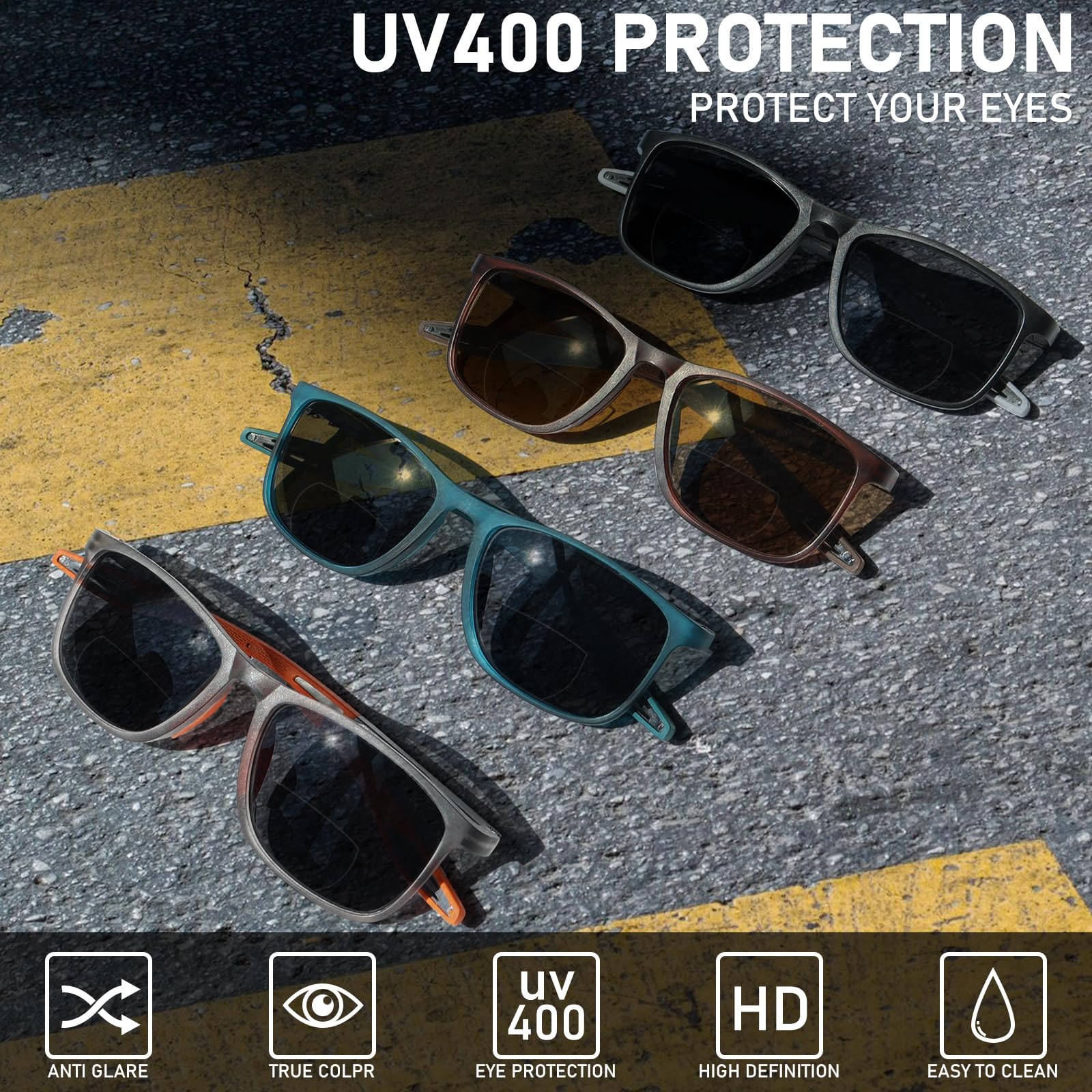 BLOEXCLU - Bifokale Lesebrille Herren UV400 Schutz, Ideal für den Außenbereich, Bifokale Lesebrille für Damen und Herren (4 Gemischte Dioptrien A, 2)