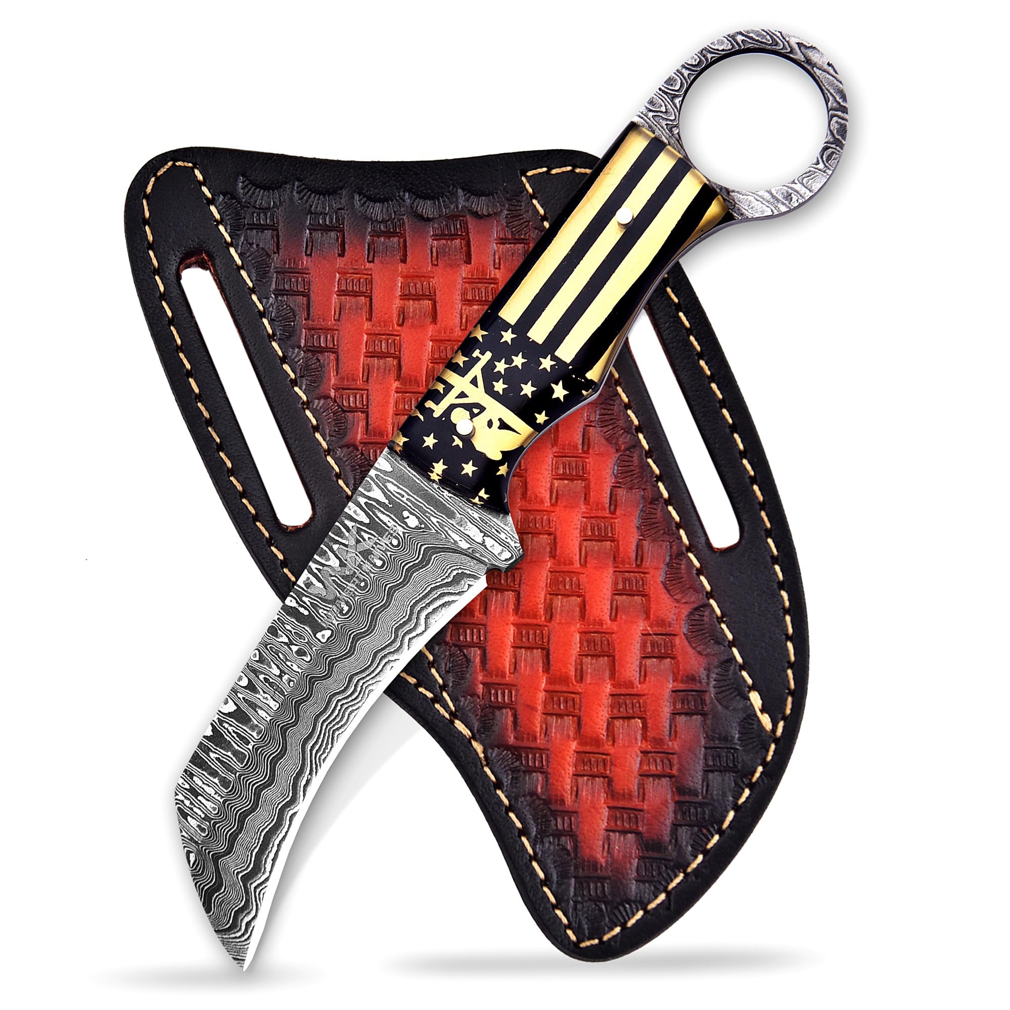 Handmade Damascus Steel Lineman tools Hawkbill knife with Leather Sheath, Professional Heavy Duty Wire Skinning knife, Utility Fixed blade Electrician tools Knife (Lineman American Flag)