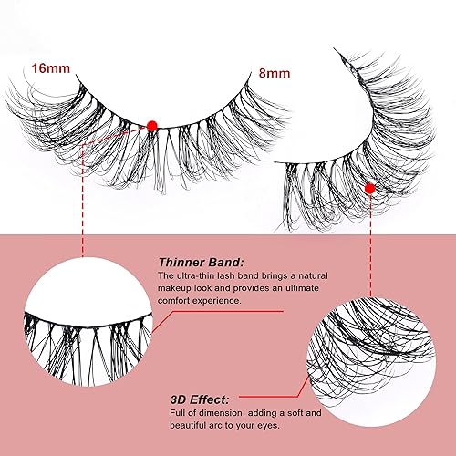 Miniatura 2 de EXTENIFY Pestañas postizas naturales de 0.631 pulgadas, pestañas postizas 3D de visón sintético, banda fina, pestañas de ojo de gato, ligeras,