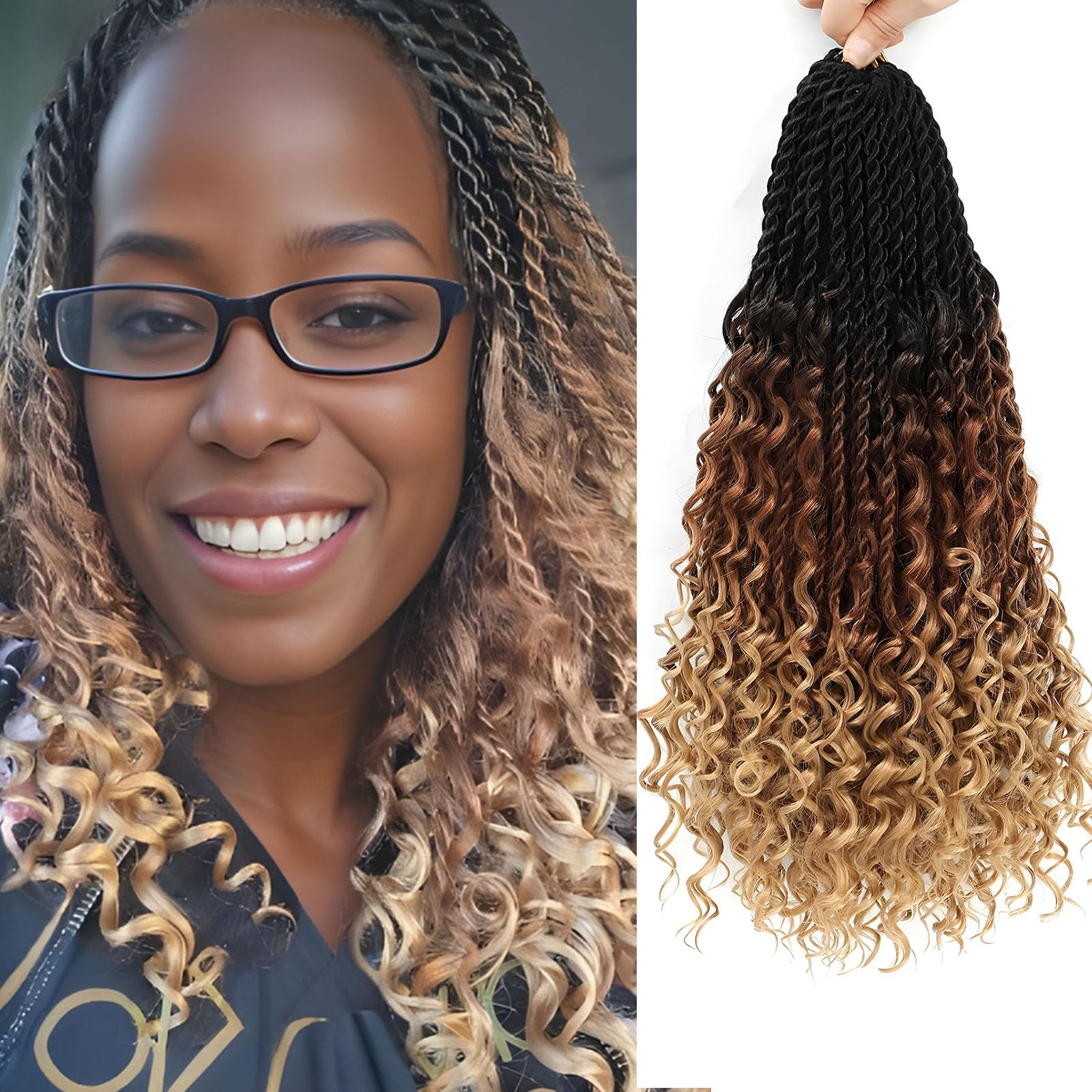 QIDESHENG 9 Packs Senegalese Twist Crochet Hair 14 Inch Pre-Looped Island Twist Boho Crochet Braids Hair Extensions with curls Synthetic Crochet Hair Extensions for Black Women(1B) (1B/30/27
