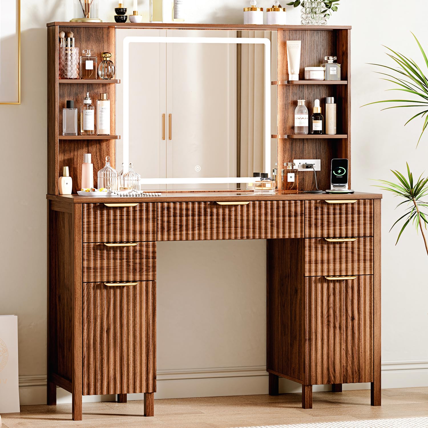 Photo 1 of ***WHITE*** Arulvmrn 43" Large Vanity Desk with 30" HD Lighted Mirror,Modern Vanity Desk with Mirror and Lights, Makeup Vanity with 5 Drawers and Storage Shelves and Charging Station, Pink