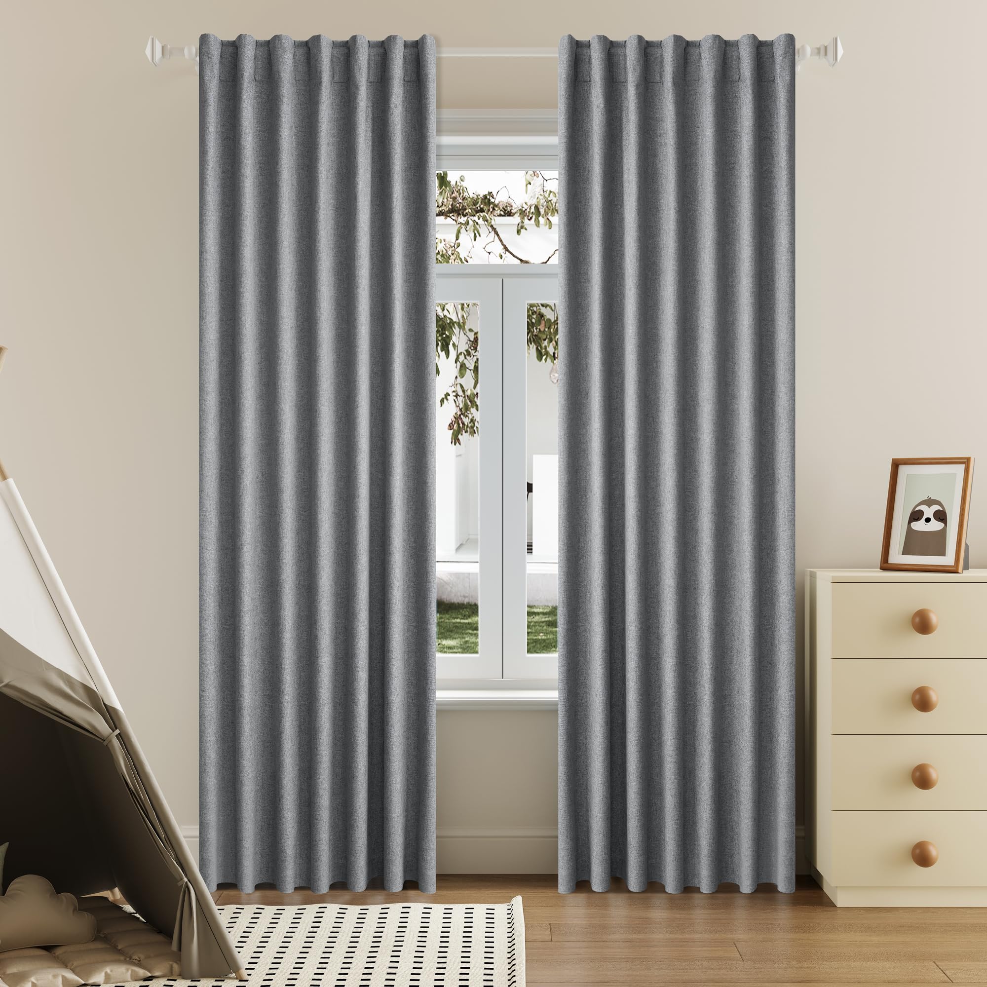DUALIFE Faux Linen Blackout Grey Curtains 80 Inch Long,Farmhouse Back Tab Rod Pocket Curtains Room Darkening Thermal Insulated Drapes for Bedroom