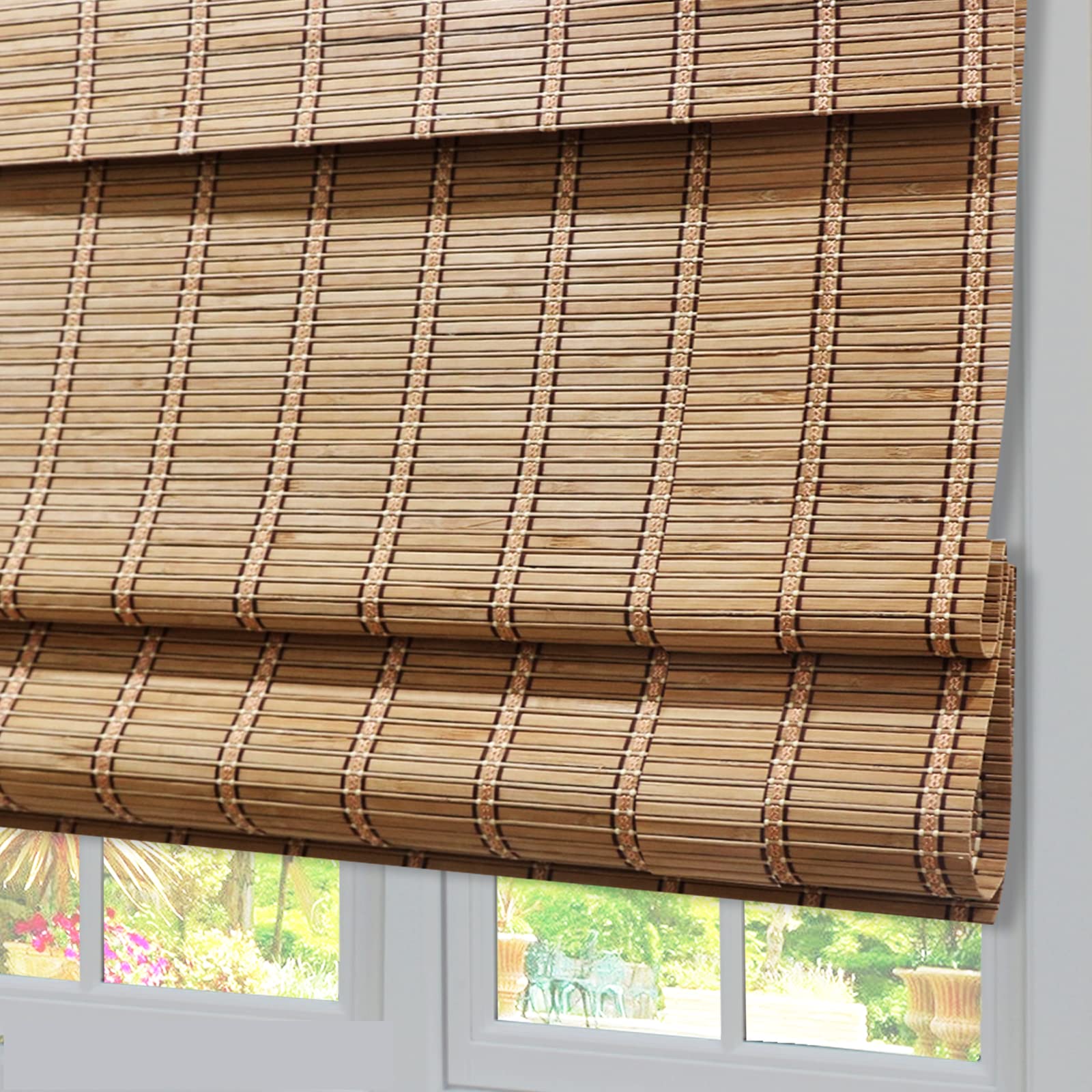 LANTIME Wood Cordless Roman Shades, Bamboo Light Filtering Window Shades Blinds, Classic Stripe