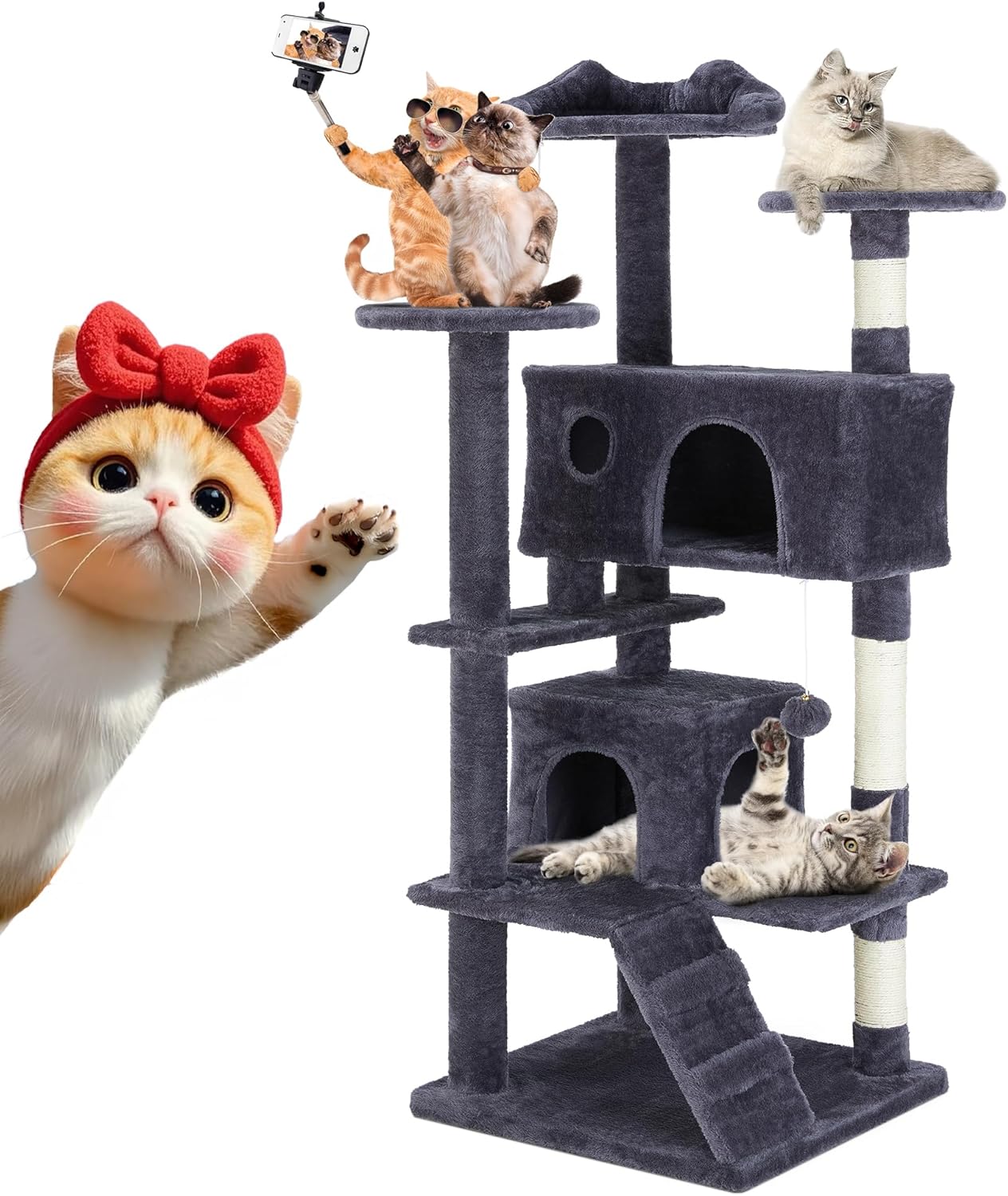 54 Inches Cat Tower Condo Furniture, Cat Tree Tower for Indoor Cats, Cozy Hammock and Sisal Scratching Posts, Multi-Level Durable Cat Scratch Post for Kittens Pet House Play, Detachable, Beige
