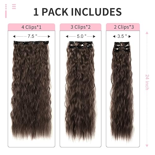 Miniatura 3 de FLUFYMOOZ Extensiones de cabello con broches, 6 extensiones de cabello sintético ondulado con clip para mujer, 6 unidades, 24 pulgadas (marrón