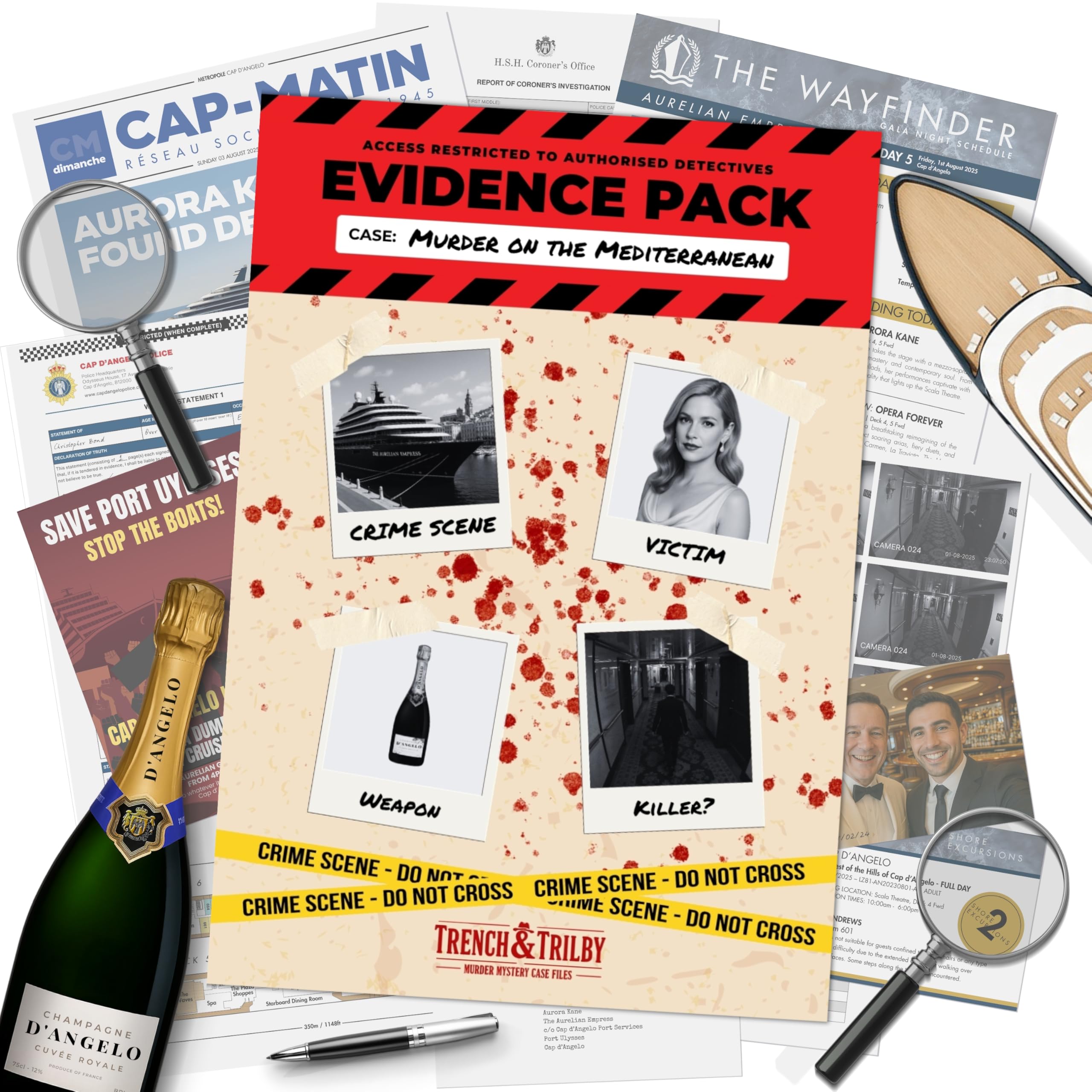 Murder on the Mediterranean – Murder Mystery Game – Cold Case Detective & Crime Investigation – Solve Celebrity Murder on Luxury Cruise Ship – Immersive Evidence Pack with Online Clues – Game Night