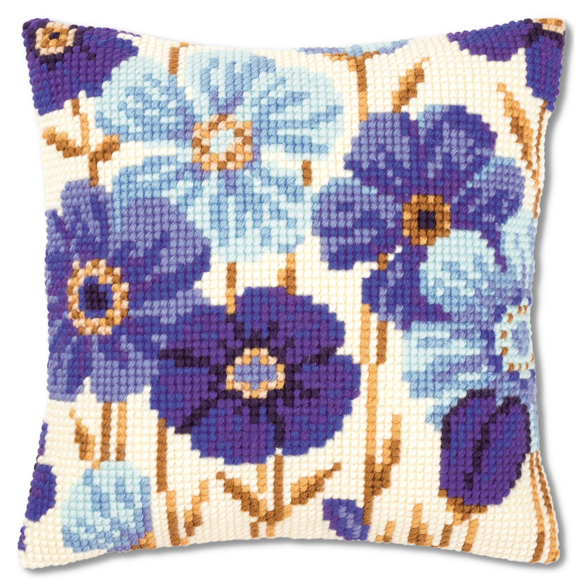 Blue Flowers Cross Stitch Cushion, Multi-Colour