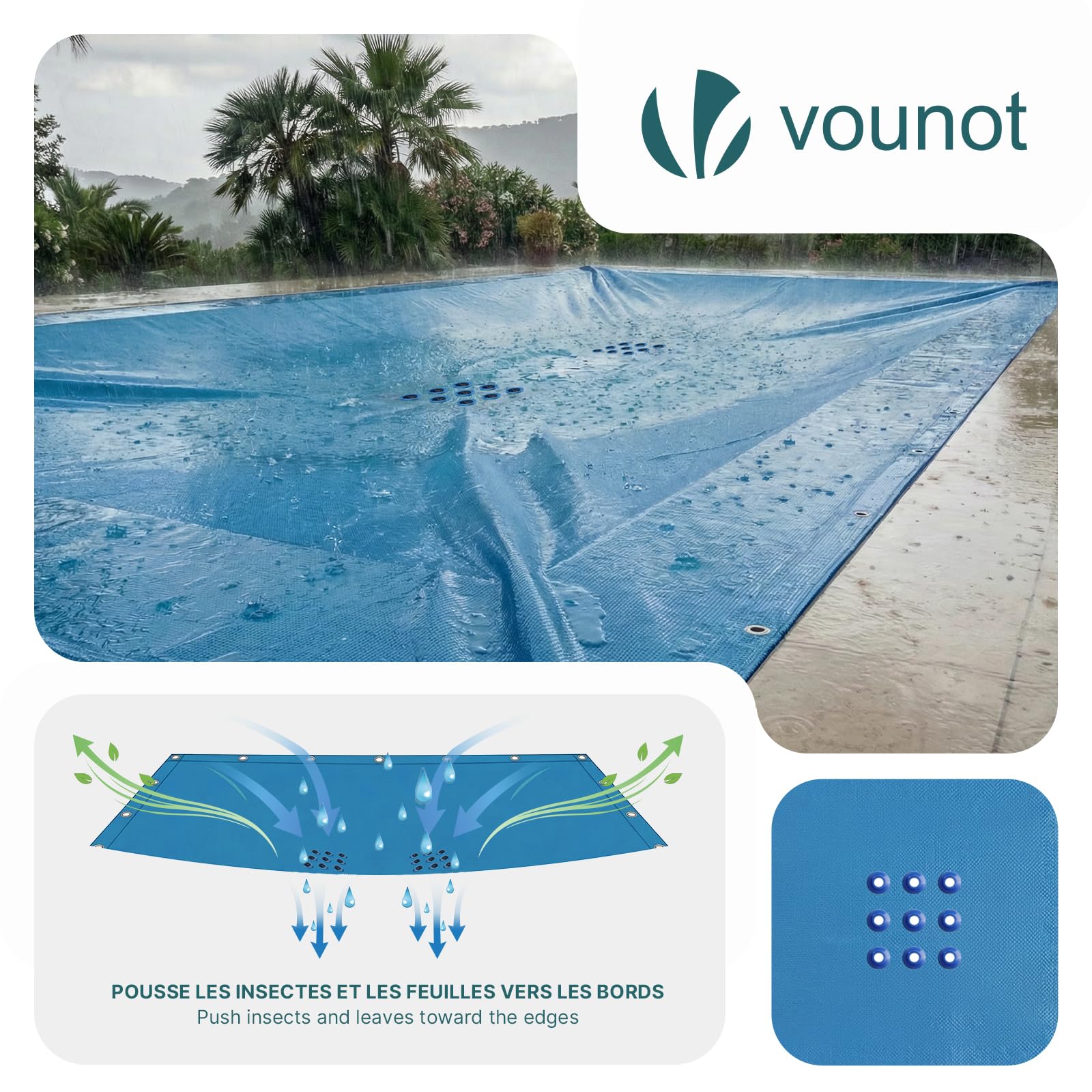 VOUNOT® Bâche Piscine Rectangulaire en Polyéthylène 160g/m2 Bâche Imperméable Résistante Double Couche avec Oeillets en Aluminium Couverture Étanche 4x7m Bleu Foncé