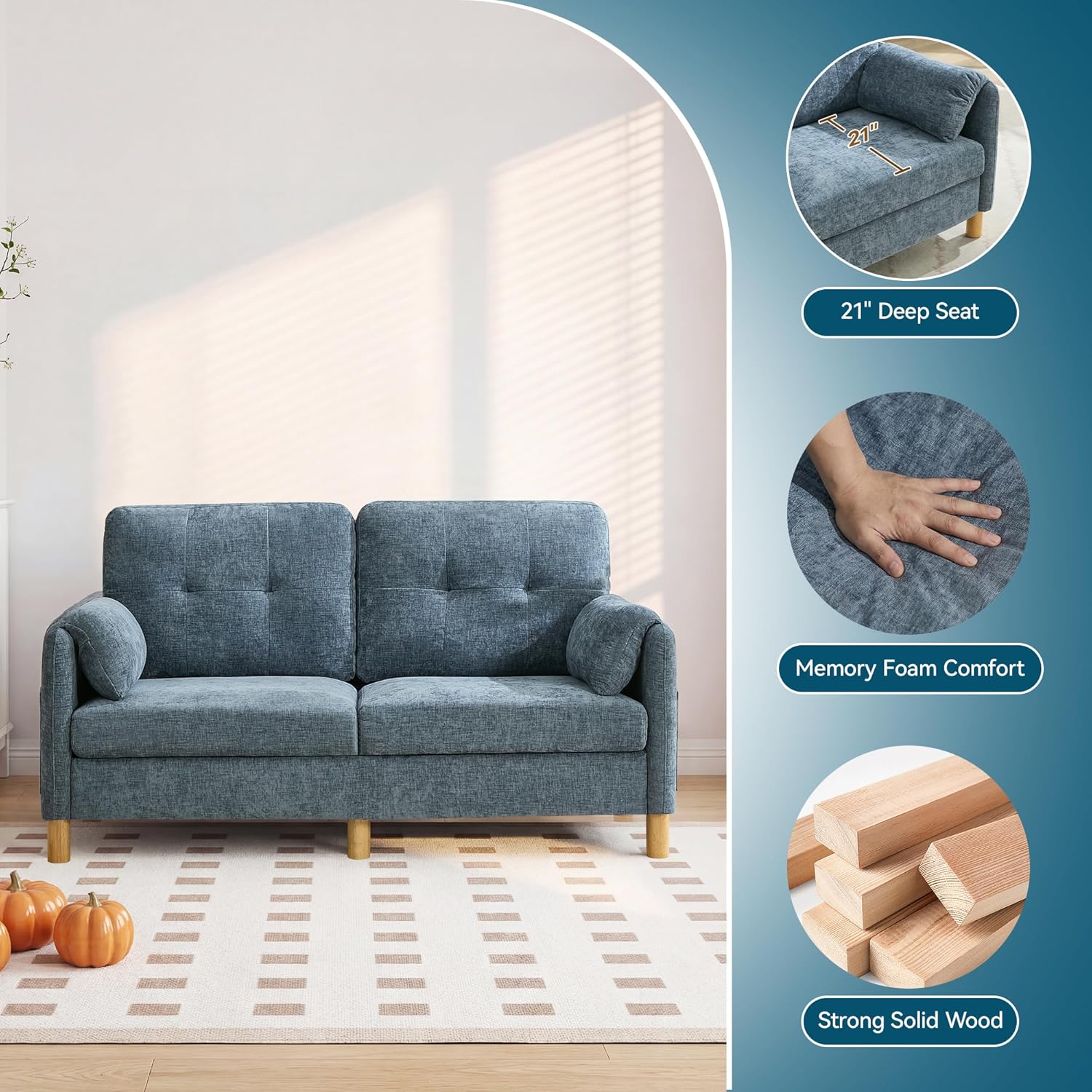 65" Chenille Loveseat Sofa, Modern 2 Seater Couch with Armrests, Tufted Upholstered Comfy Sofa with Storage Pockets & Solid Wooden Legs for Living Room, Bedroom, Home Office, Blue