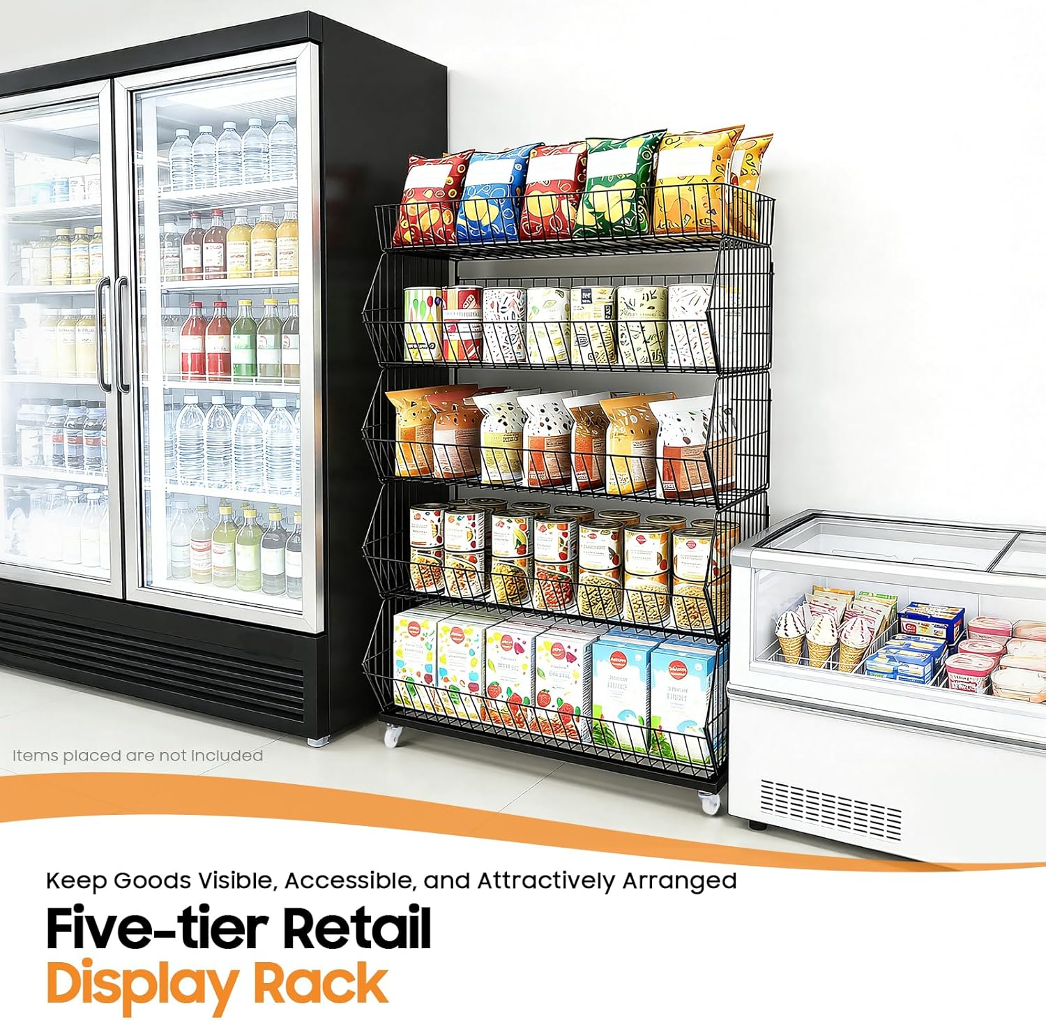 5 Tier Retail Display Rack, Commercial Market Merchandise Display Shelf, Metal Wire Fruit Store Storage Shelf Vegetable Snack Basket Retail Store Supplies with Wheels for Home Store Market (Black)