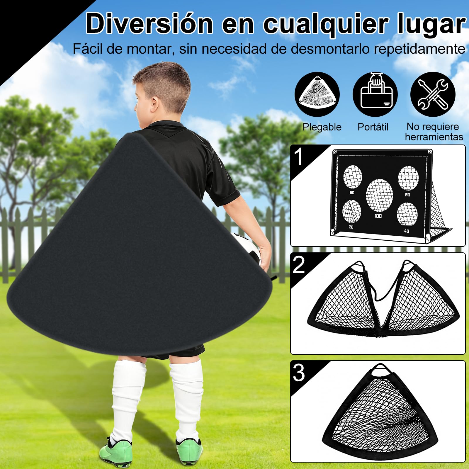 Juego de porterías de fútbol infantiles para jardín, portería de fútbol plegable con pared + 12 conos + escalera de agilidad + 8 clavos en forma de U, juego de entrenamiento de fútbol para