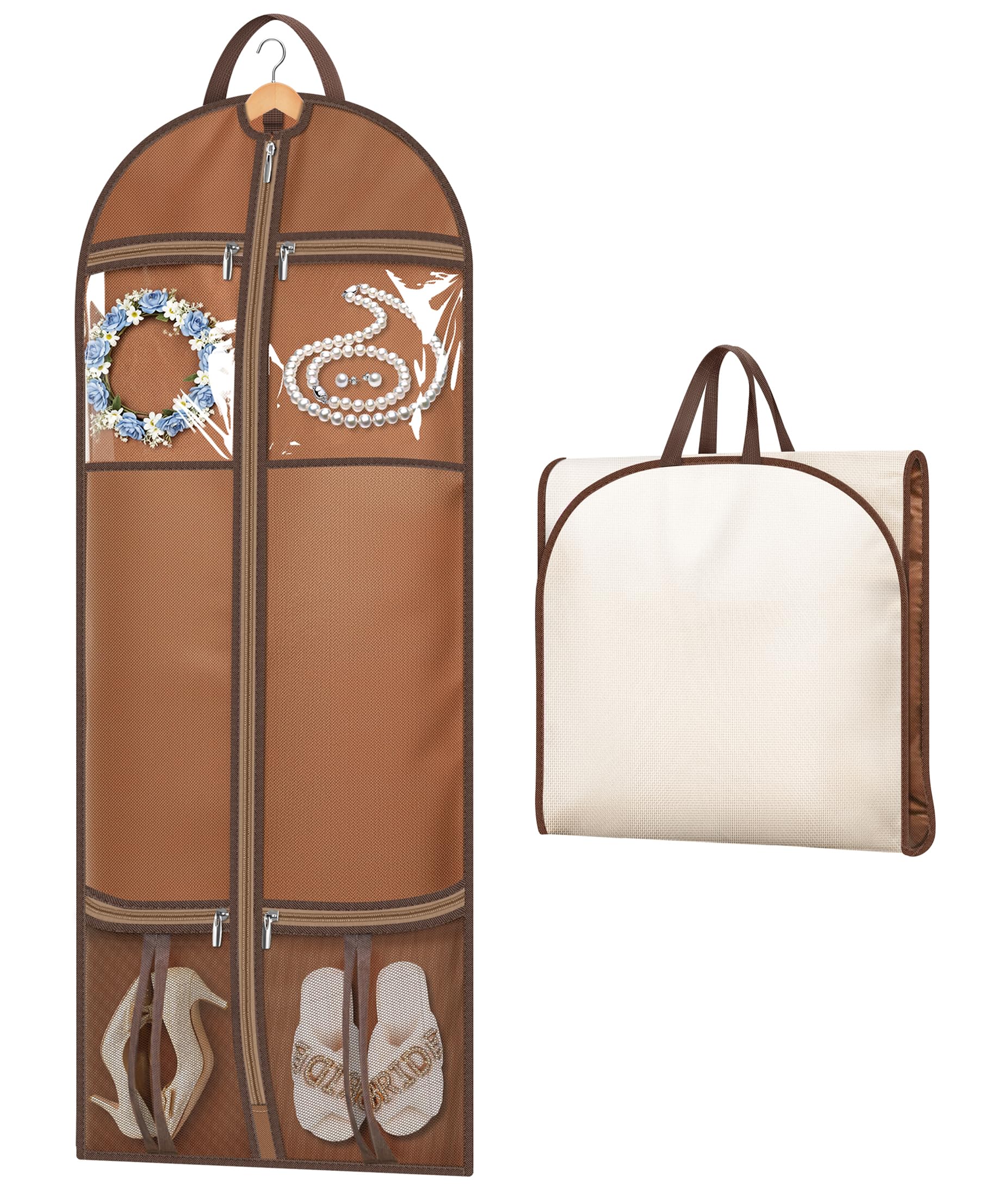 MISSLO Kleidersack Lang 152CM, Anzugtasche Kleidersack für Reisen mit 4 Großen Taschen und Griffen, Schwere Kleiderhülle Damen Kleiderschutzhülle für Abendkleider, Mantel, Kleider, Kleidung, Beige