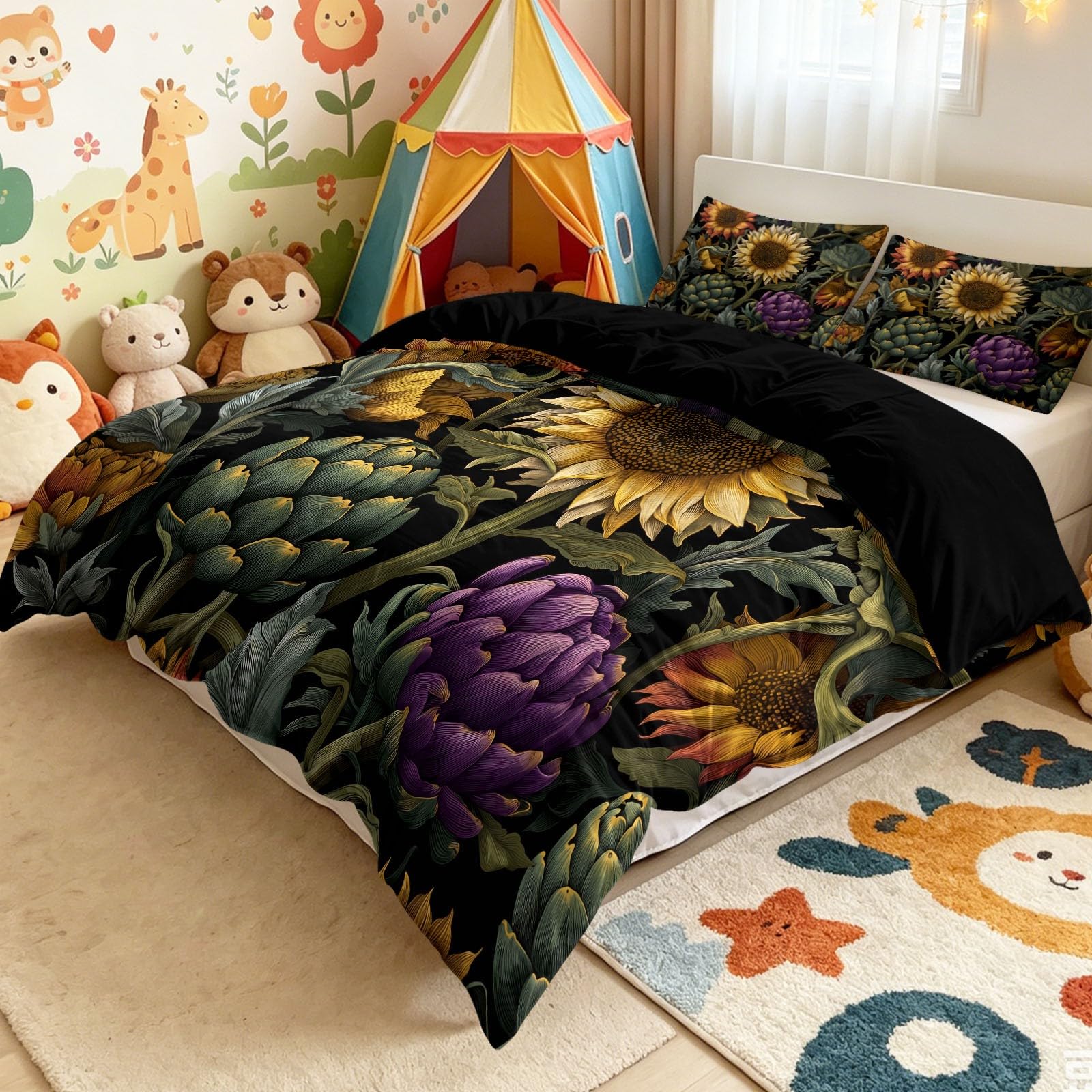 Bettwäsche Doppelbett 3teilig Bettbezug Bettwäsche Set 200x200 cm Floral Pflanze Schwarz Sonnenblume Artischocke Bettbezug Mit 2 KissenbezüGen 80x80 Cm, Mikrofaser Bettbezug Set Mit ReißVerschluss.