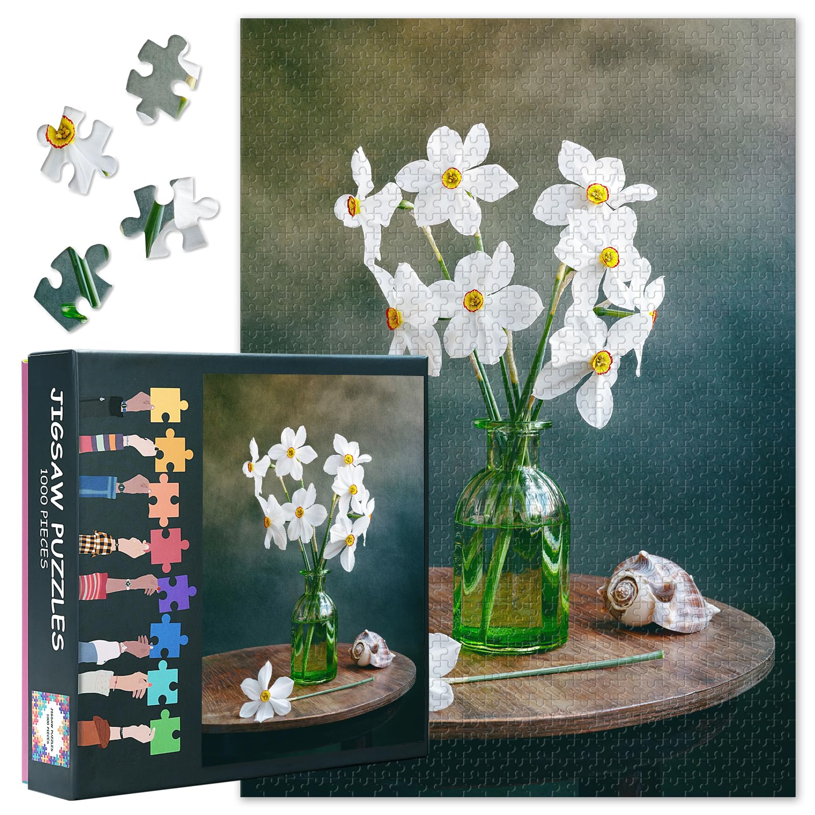 1000 Piece Puzzle for Adults, Vase Jigsaw Puzzles, White Flowers Design Adult Puzzles 1000 Pieces, Challenging Puzzle for Family Educational Games 27.5x19.7 Inch