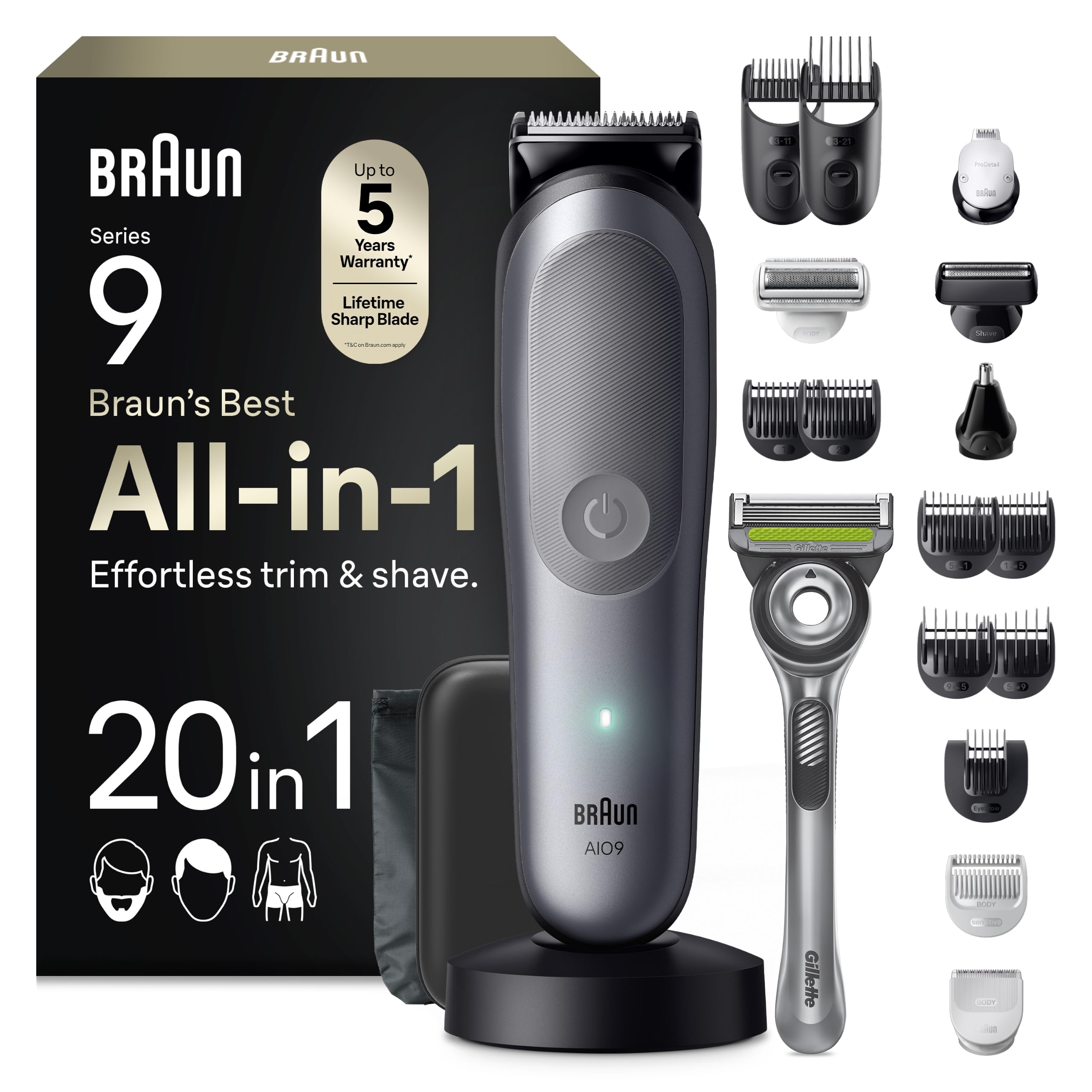 Braun Rasoio Elettrico Barba e Capelli Serie 9, Accessori AIO9540 Grigio | Rifinitore All-in-One 20in1, Rasoio Elettrico Corpo Uomo, Modalità Bodygentle, Peli Naso, Impermeabile Ricaricabile
