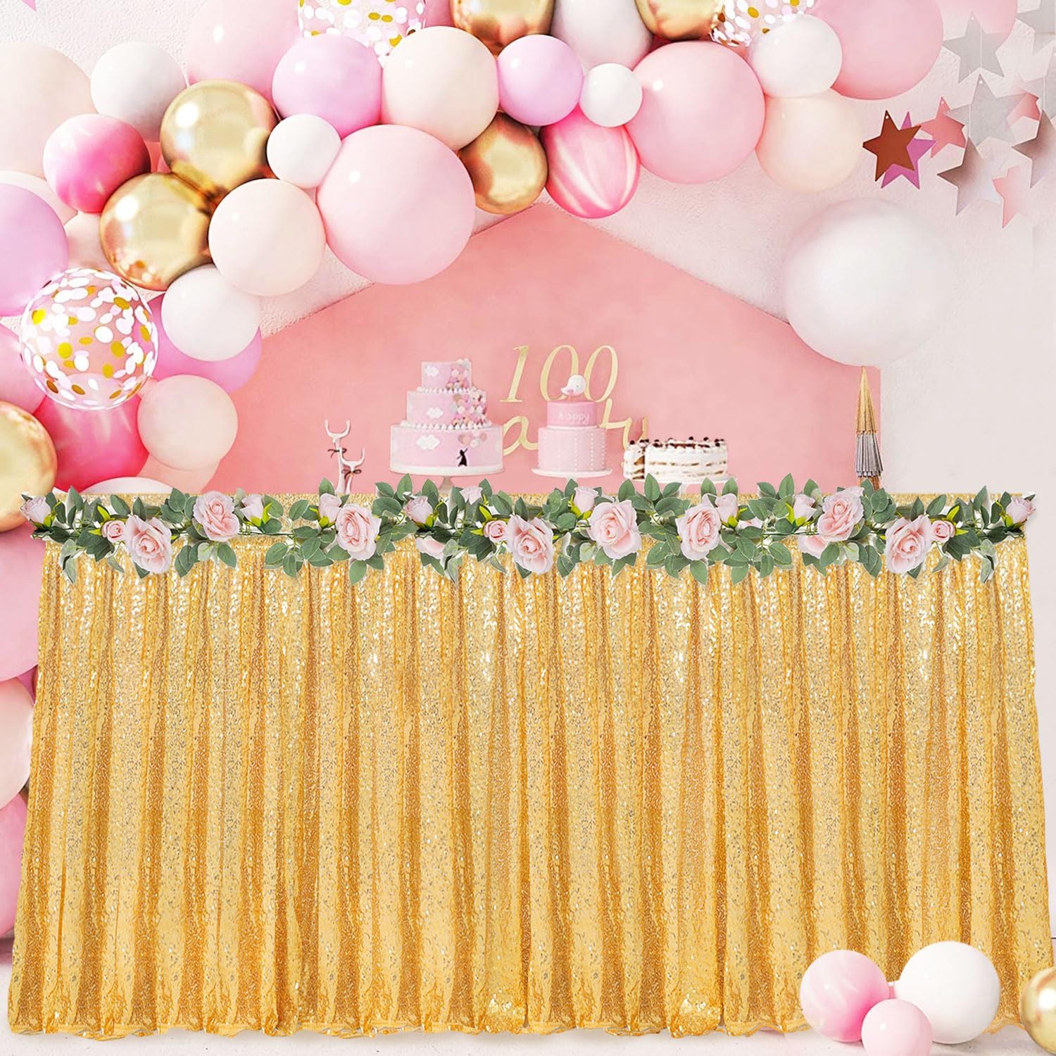 Gold Sequin Table Skirt Sparkly Table Skirts for Rectangle Round Tables 6FT Ruffle Sequin Table Skirting Glitter Table Cover Skirt for Wedding Bridal Shower Baby Shower Banquet Reception L 6ftxH 30in Gold